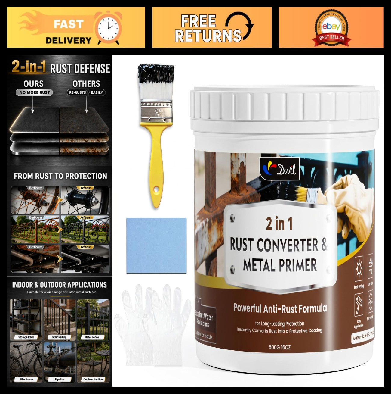 Rust Converter & Primer 2-in-1 | High-Flow Water-Based Anti-Rust Coating 16 oz
