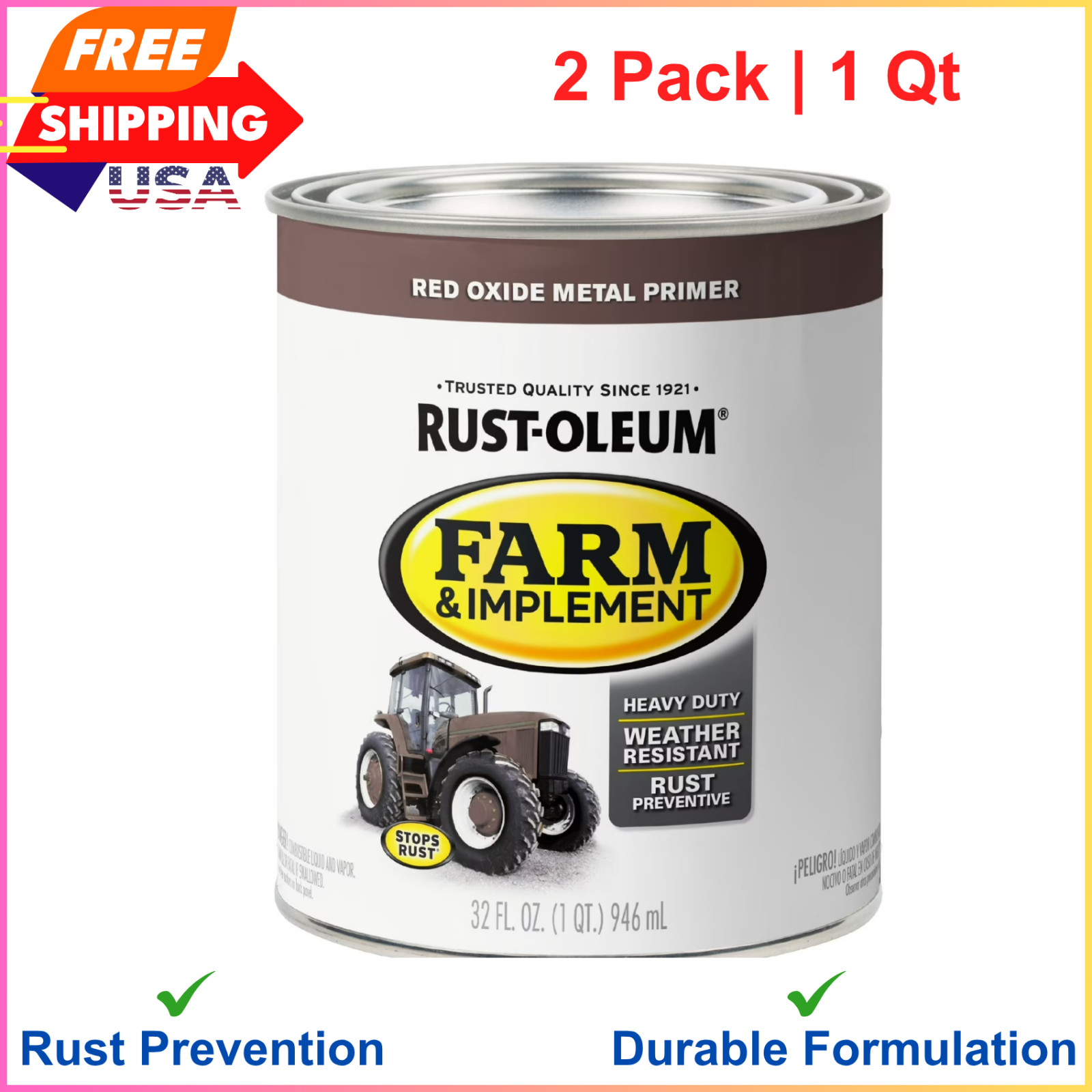 2 Pack Red Oxide Metal, Rust-Oleum Flat Specialty Farm and Implement Primer 1 Qt