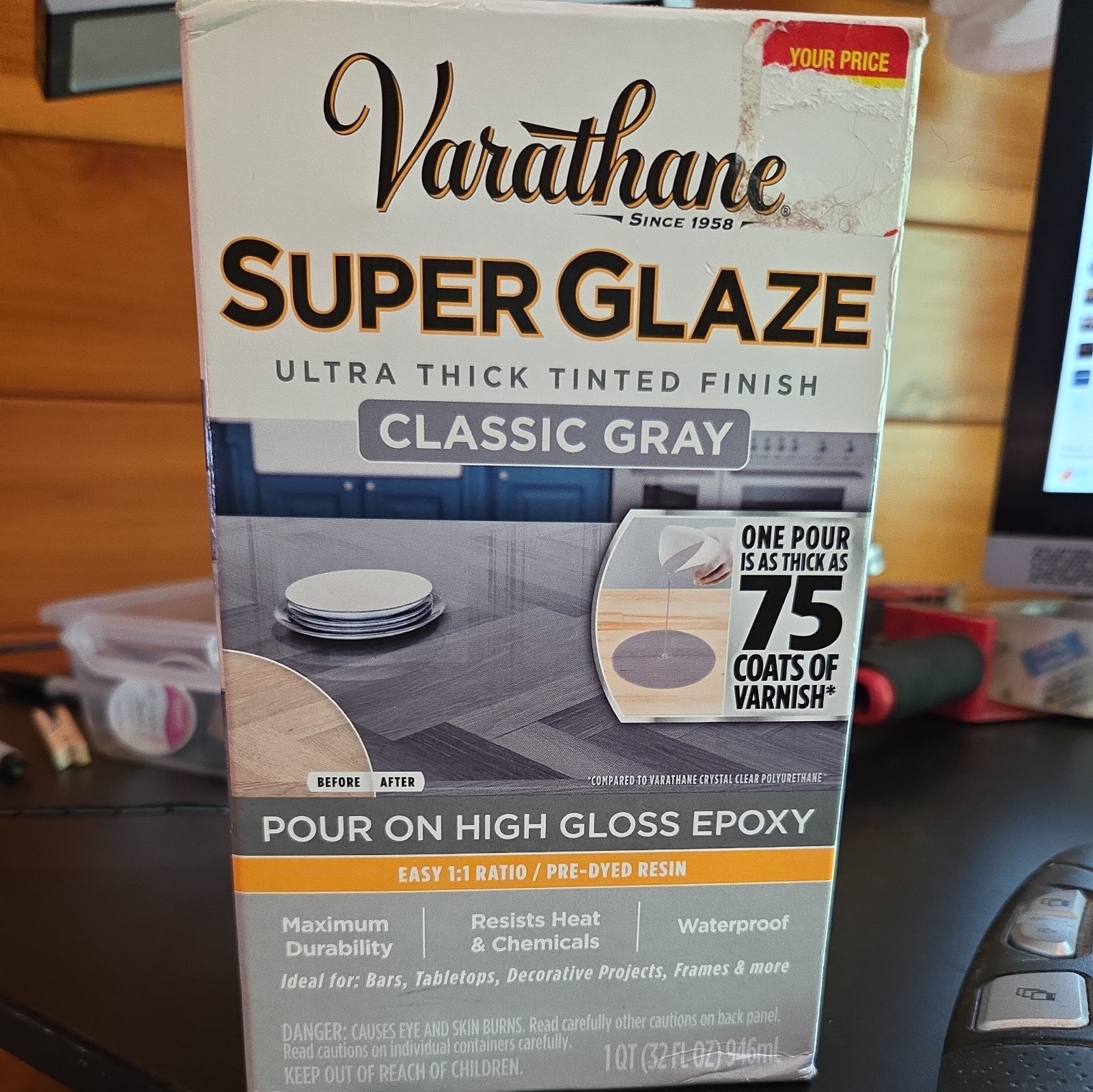 Varathane 363903 Super Glaze Pour-On High Gloss Epoxy, Quart, Classic Gray