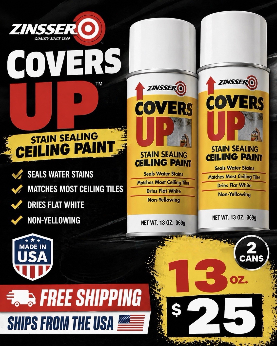 Zinnser, COVERS UP Ceiling Paint & Primer In One, 2 Pack 13 oz Flat White- 03688