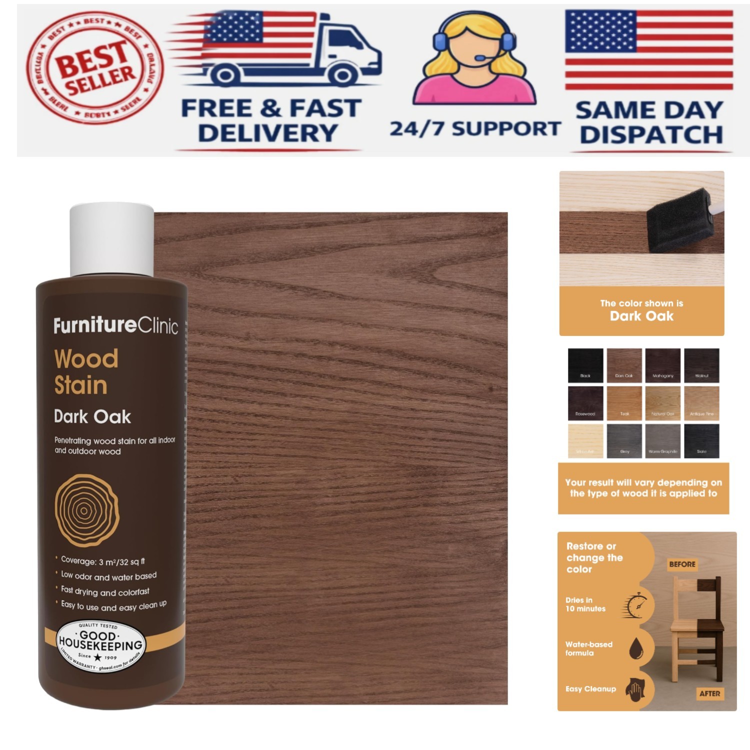 Fast Drying Dark Oak Wood Stain | Matte Finish | 250ml | For Indoor & Outdoor