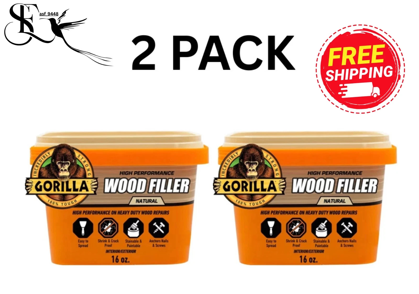 2 Pack Gorilla Wood Filler Natural Finish 16 oz Interior Exterior Repair