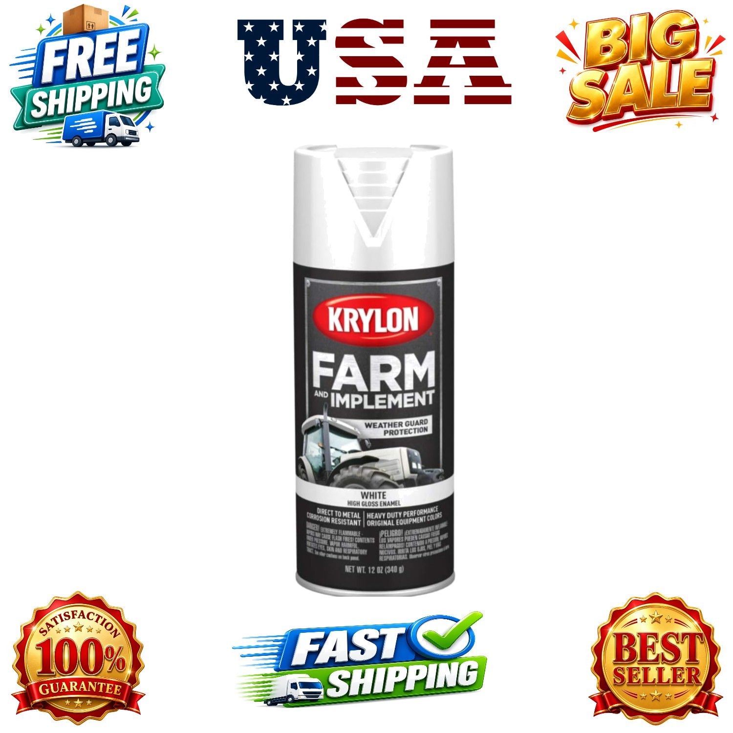 Farm & Implement Spray Paint, High Gloss, White, 12 oz