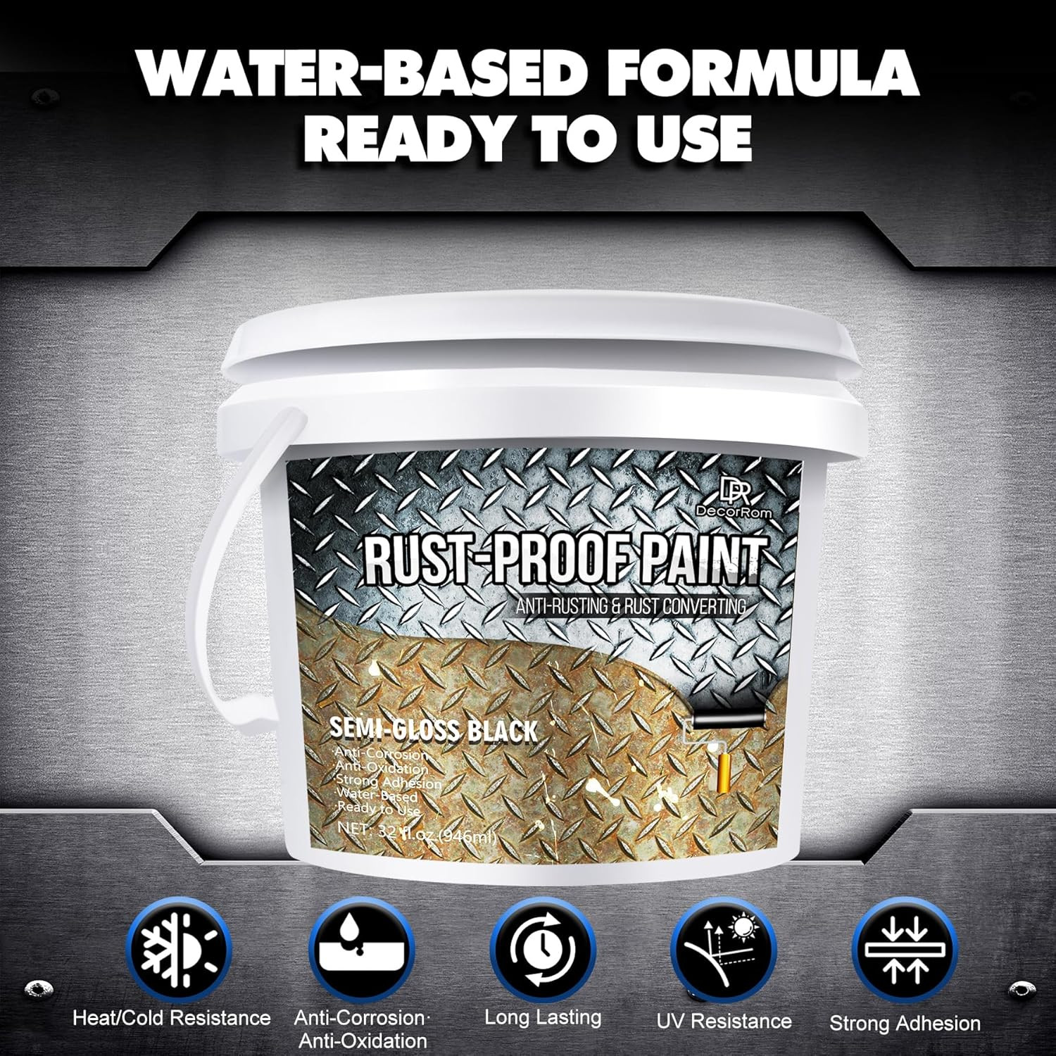 Rust Converter Paint – 32oz Water-Based Rust Reformer & Metal Primer, Semi-Gloss