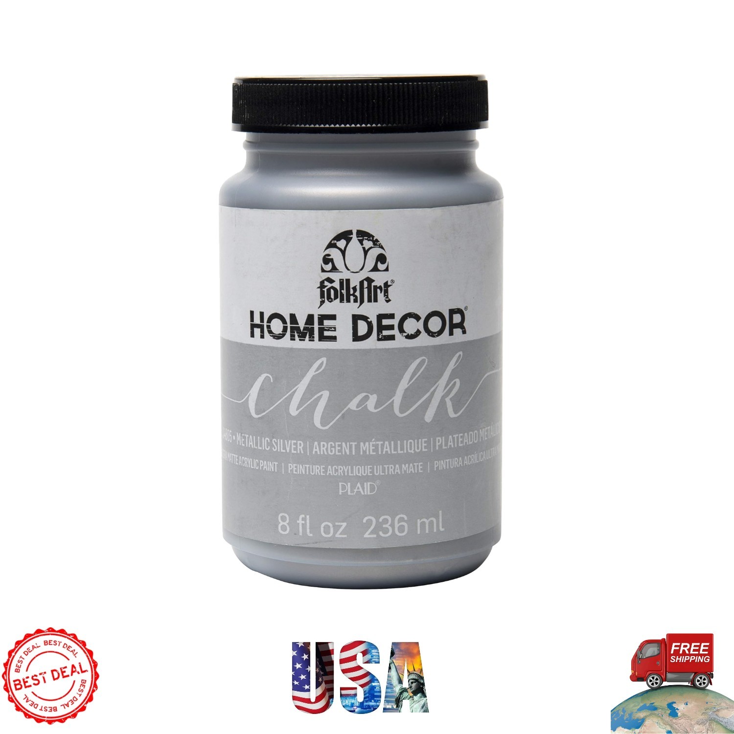 8oz Non-Toxic Home Decor Chalk Paint – Metallic Silver for Furniture & Crafts