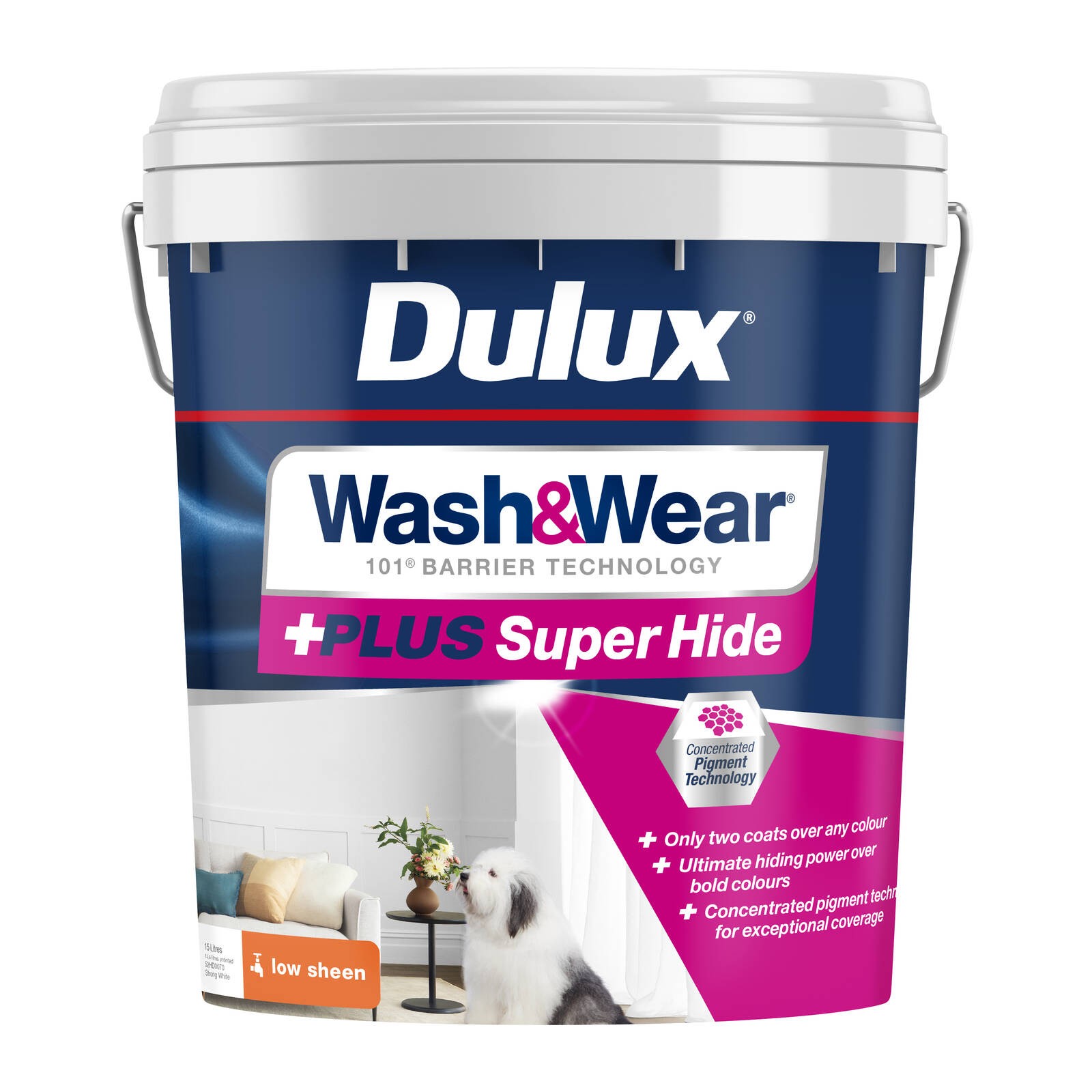 Dulux 15L Interior Paint Wash&Wear +PLUS Super Hide Low Sheen Strong White