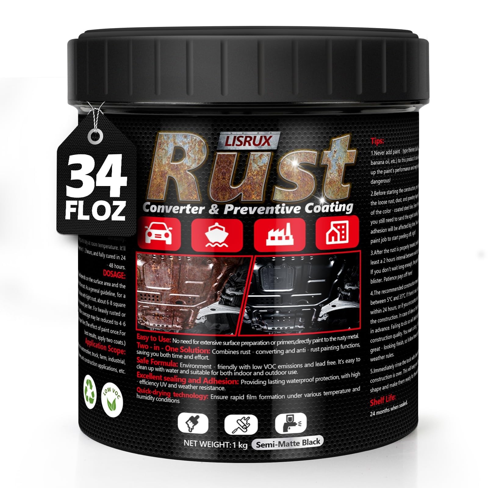 4 in 1 Rust Converter & Metal Primer 34 Fl Oz Black Rust Inhibitor Paint for