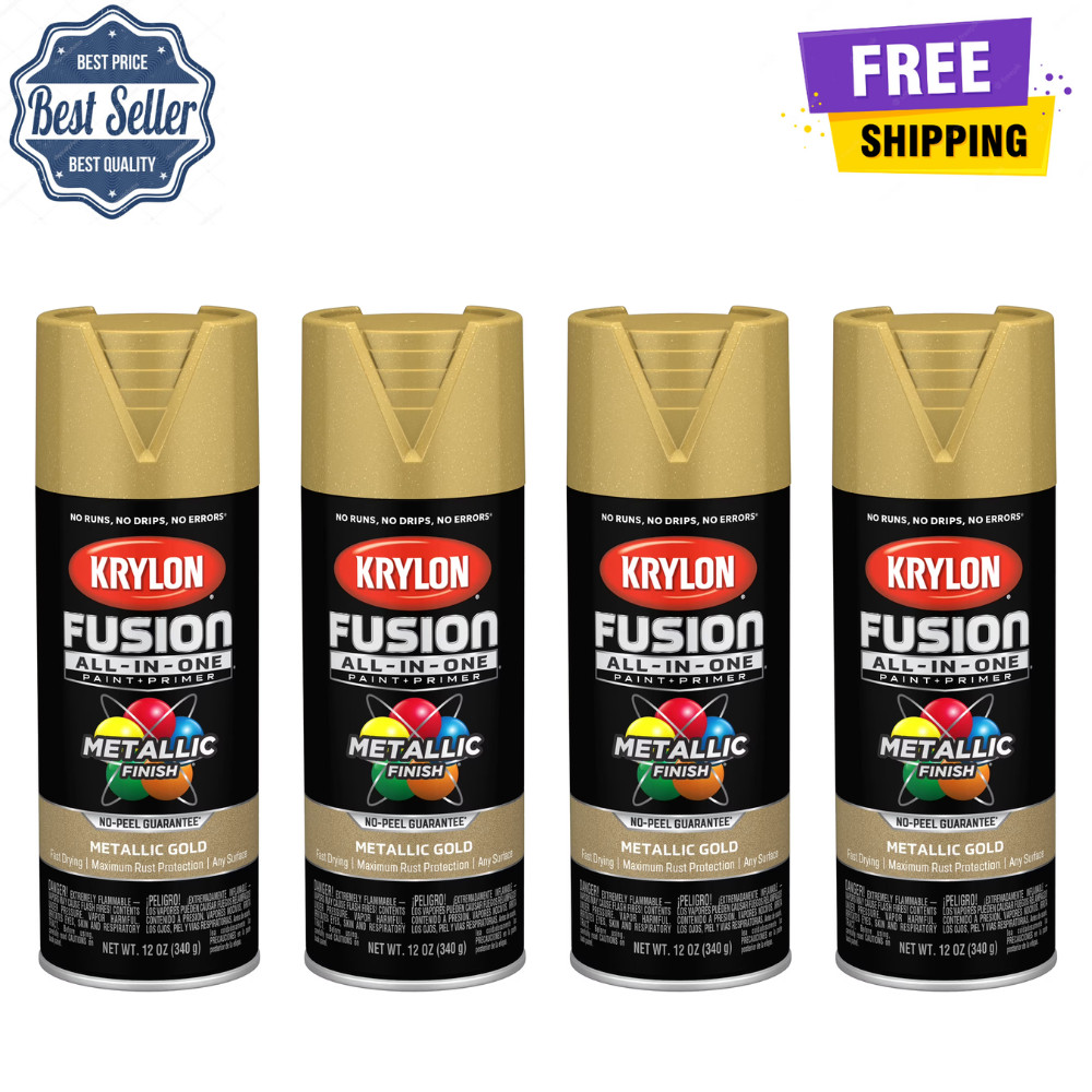 4 Pack Krylon Fusion All-In-One Metallic Spray Paint, Gold, 12 oz, Multi-Surface