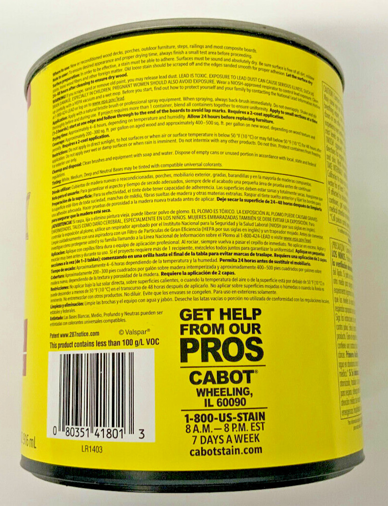 Cabot SOLID COLOR ACRYLIC DECK STAIN 31 fl oz 1801 WHITE BASE TINTABLE NEW!