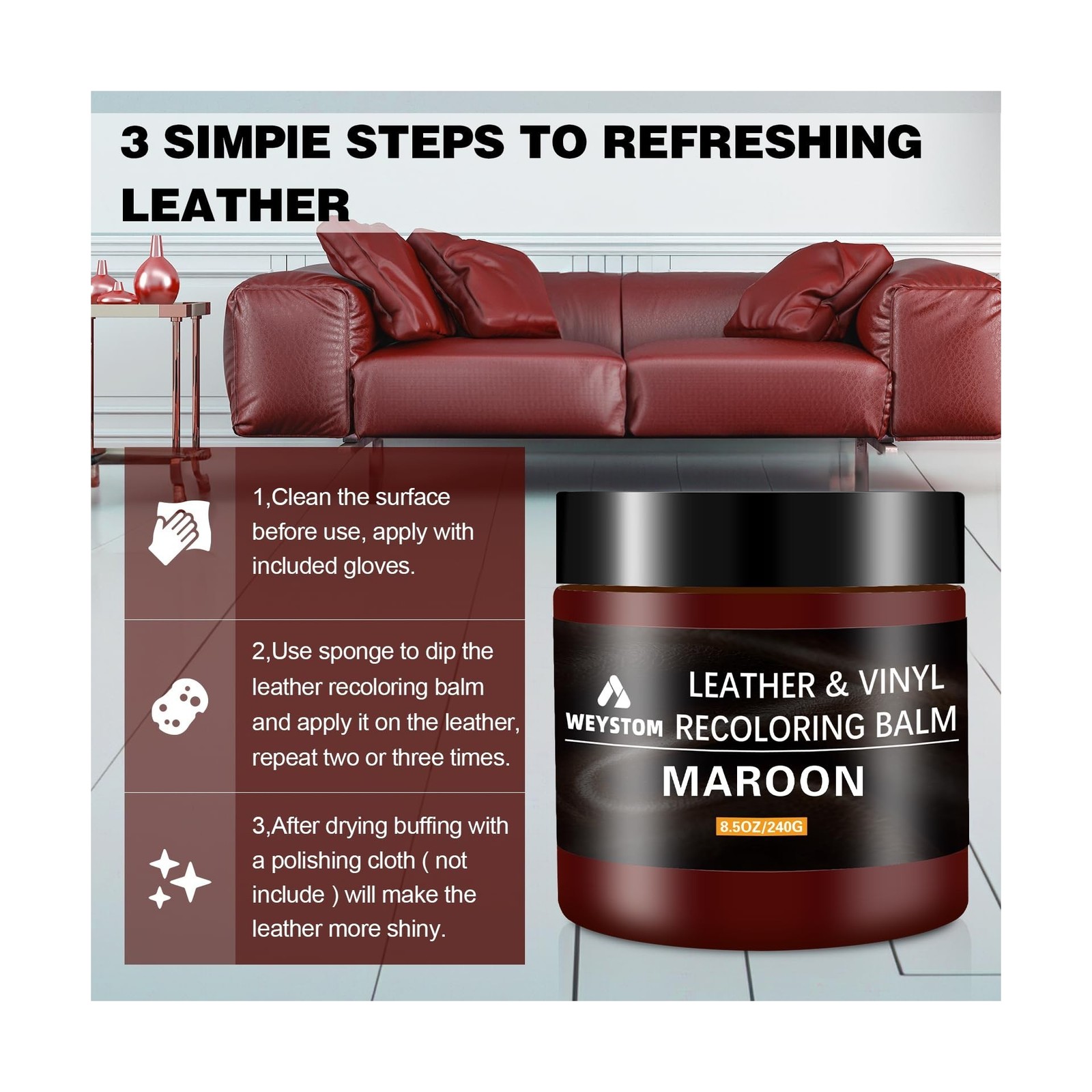 Leather Recoloring Balm – Maroon Leather Repair Kit for Furniture, Dye, Recol…