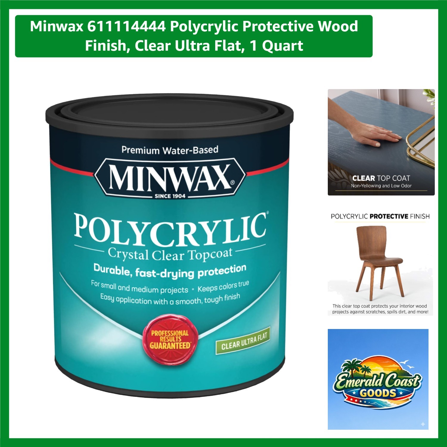 611114444 Polycrylic Protective Wood Finish, Clear Ultra Flat, 1 Quart