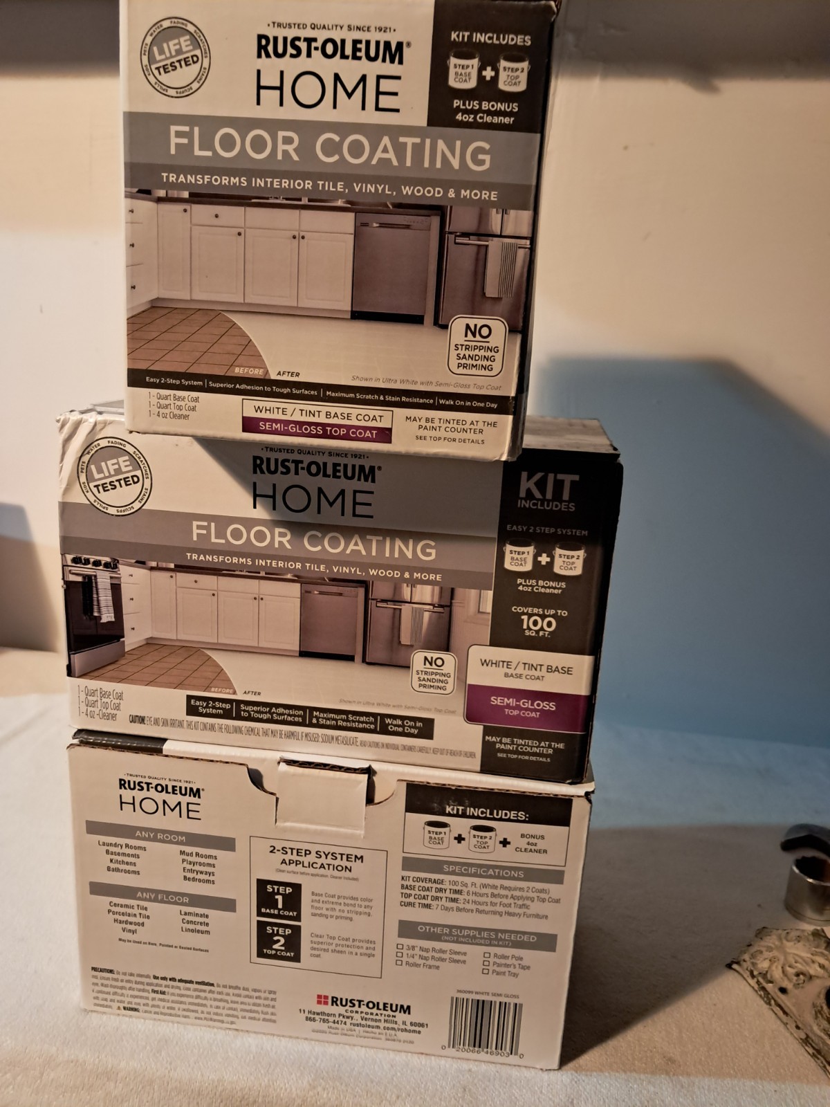 Rust-Oleum Semi-Gloss White Floor Coating Kit for Tile Vinyl Wood, Fast Drying