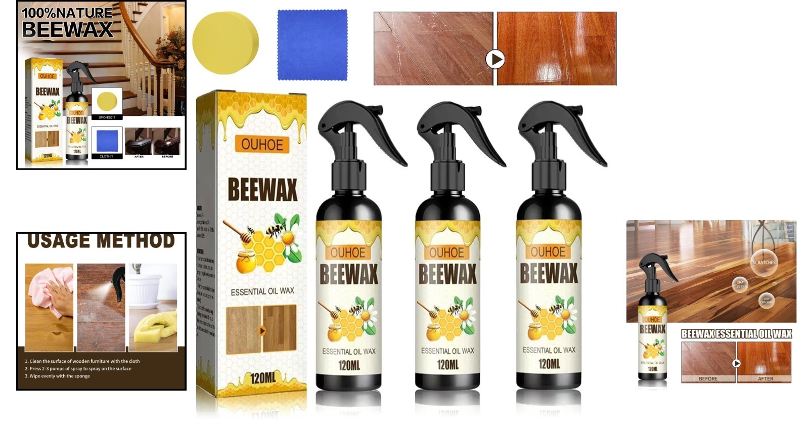 Beeswax Furniture Polish – Multi-Surface Cleaner & Revitalizer, Pack of 3