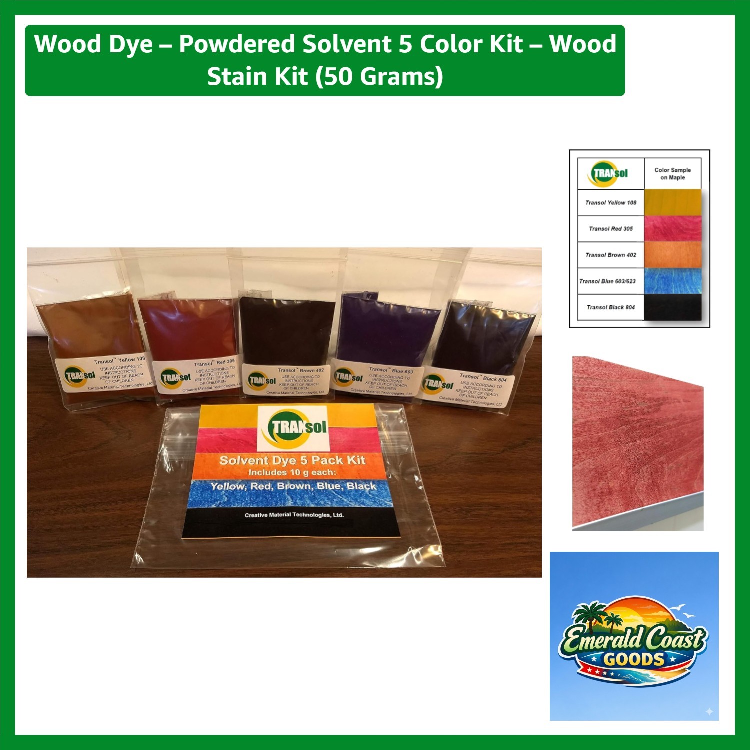 Wood Dye – Powdered Solvent 5 Color Kit – Wood Stain Kit 50 Grams