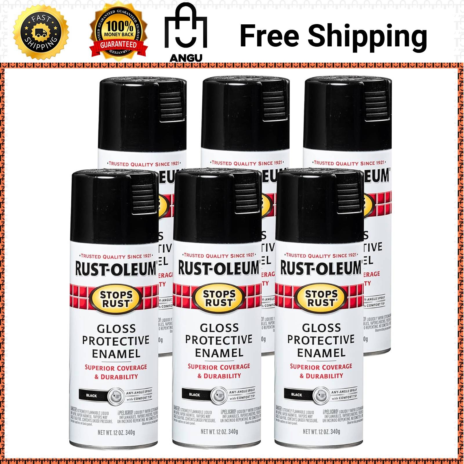 Rust-Oleum Stops Rust Gloss Black Enamel Spray Paint 12oz Durable Finish 6-Pack