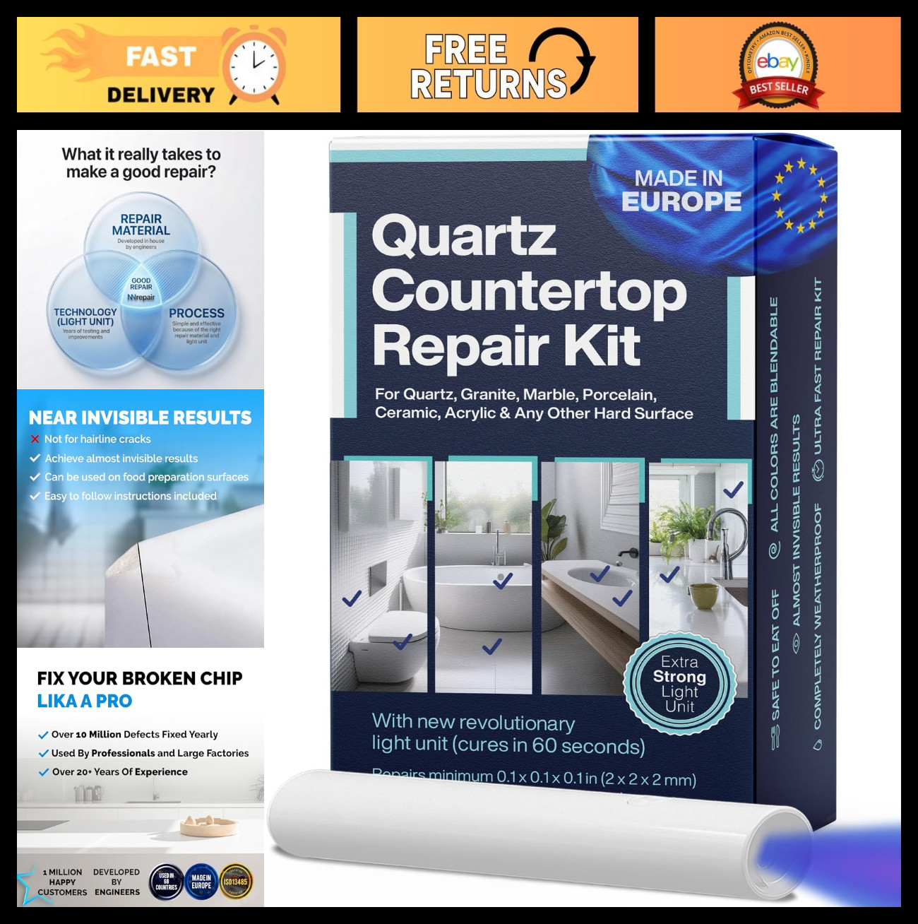 DIY Quartz Countertop Repair Kit – 3 Colors + Polisher for Granite, Acrylic & Ti