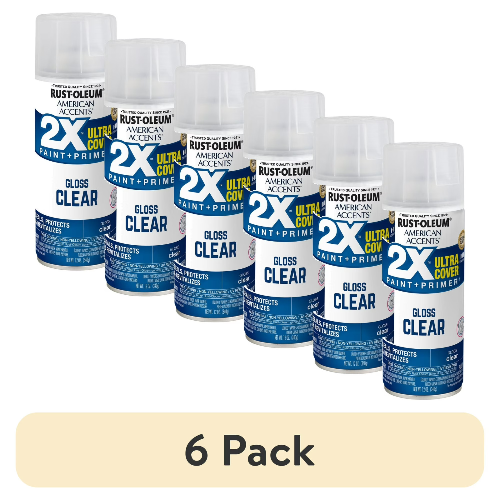 (6 Pack) Rust-Oleum 2X Ultra Cover Gloss Clear Spray Paint, 12oz, Multi-Surface