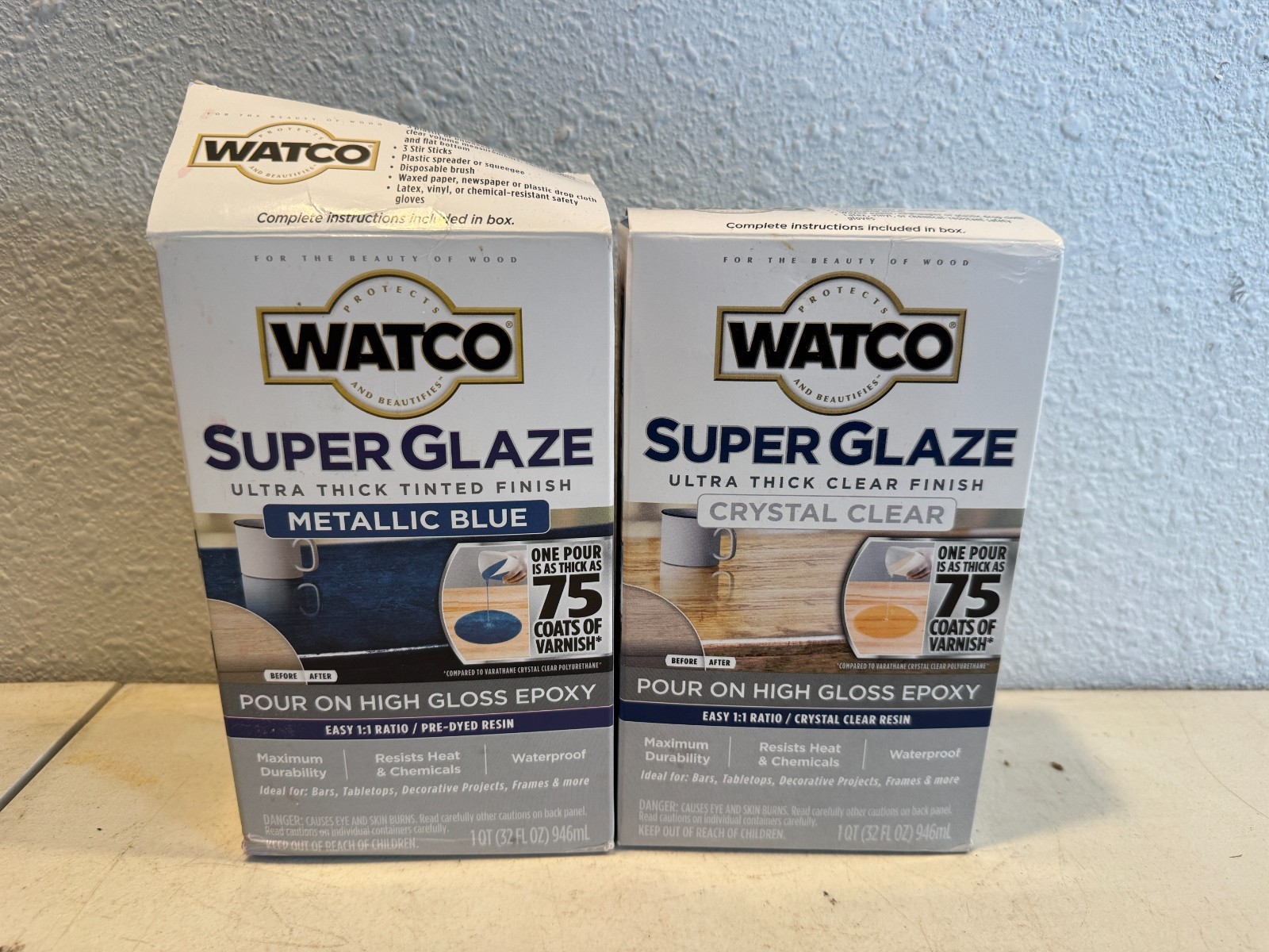 Lot 2 Metalic/Crystal-Oleum Watco Super Glaze Pour-On Epoxy High Gloss Aged Wood