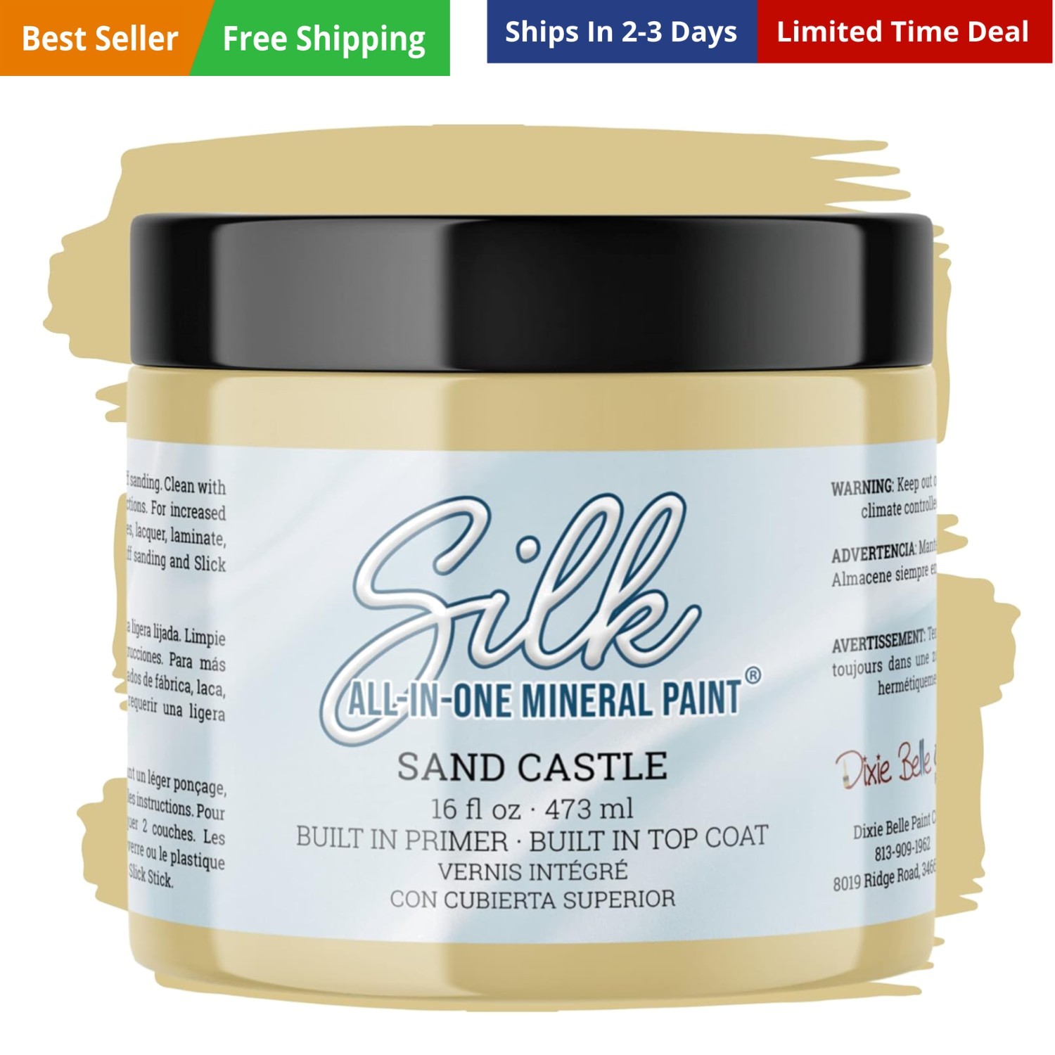 Dixie Belle Silk All-in-One Mineral Paint – Sand Castle 16oz – Warm Tan Water…