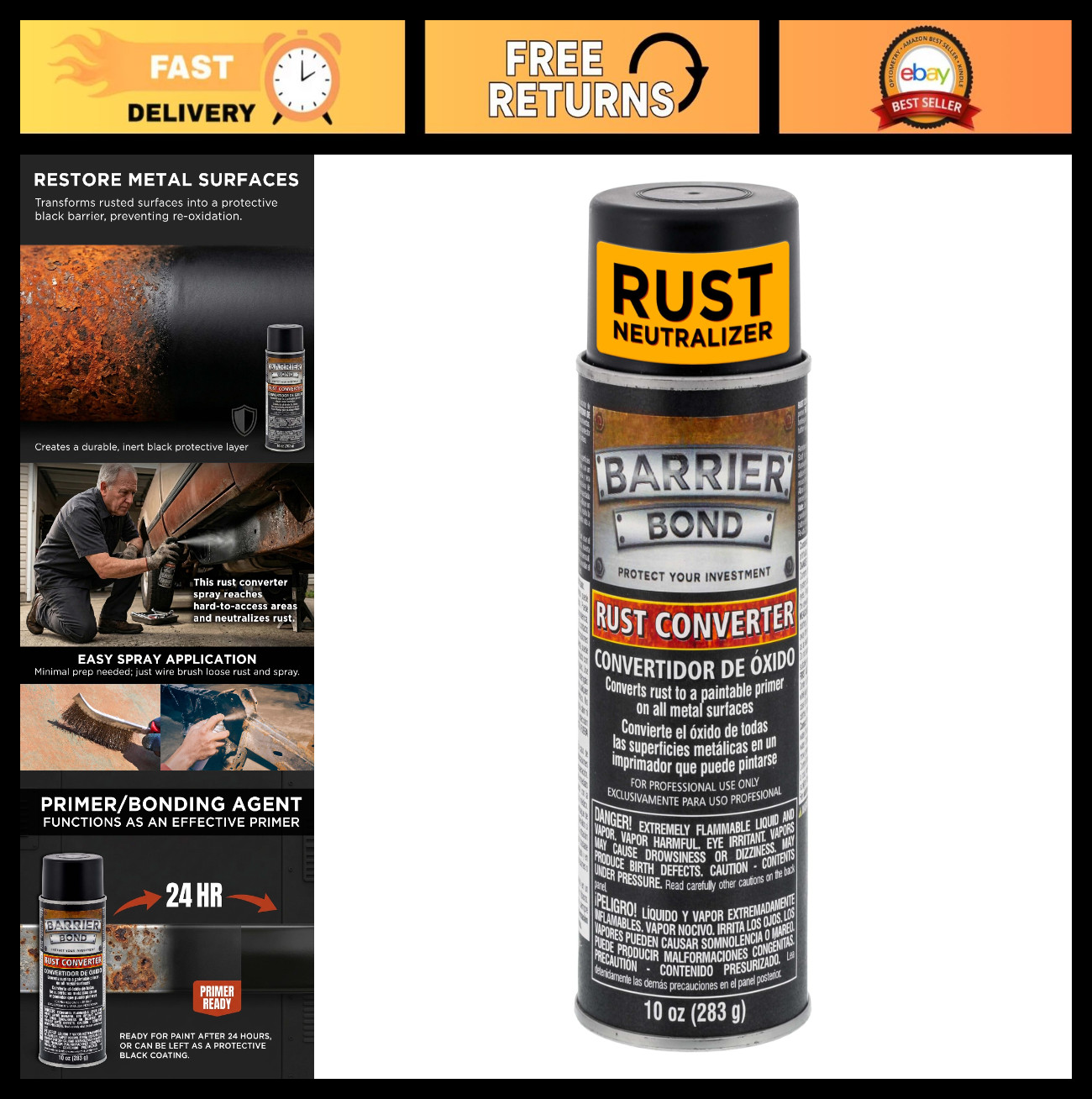 Rust Converter Spray – 10oz Metal Rust Remover & Barrier Bond for Auto, Industri