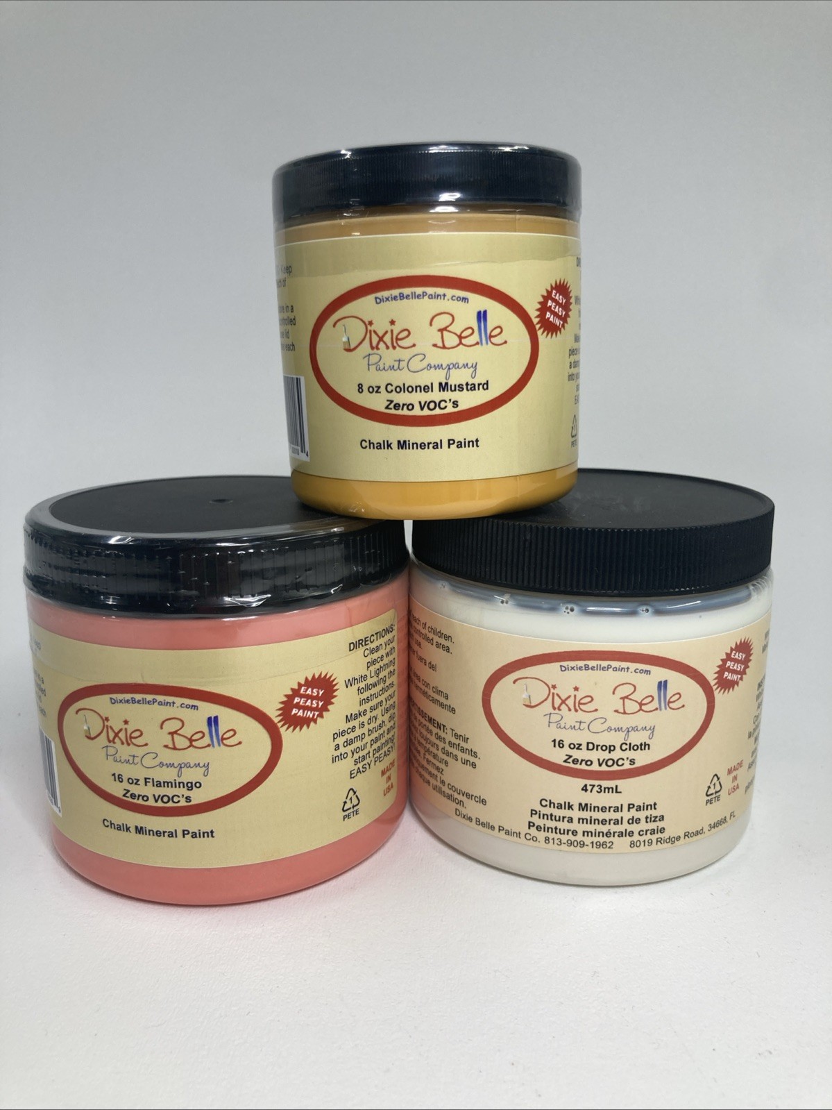 New Dixie Belle Chalk Mineral Paint, Matte USA – 8oz Mustard 16oz Cloth Flamingo