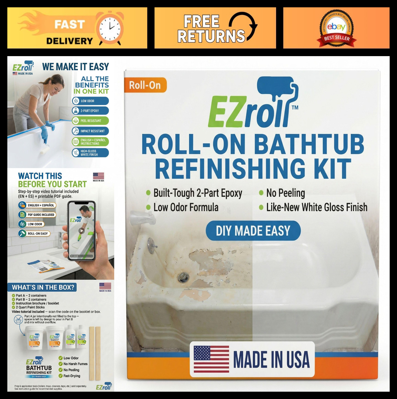 Bathtub Refinishing Kit – Low Odor White Paint for Tub, Tile, Sink & Shower – DI