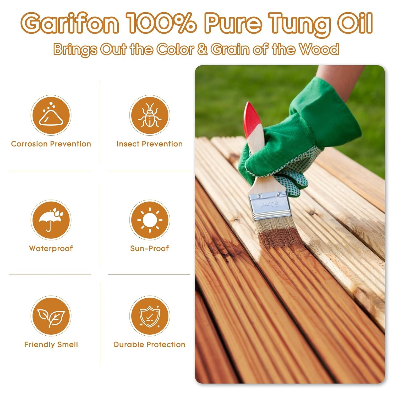 10 OZ Pure Tung Oil for Wood Outdoor/Indoor, Food Grade Sealer, Tung Oil Finish,