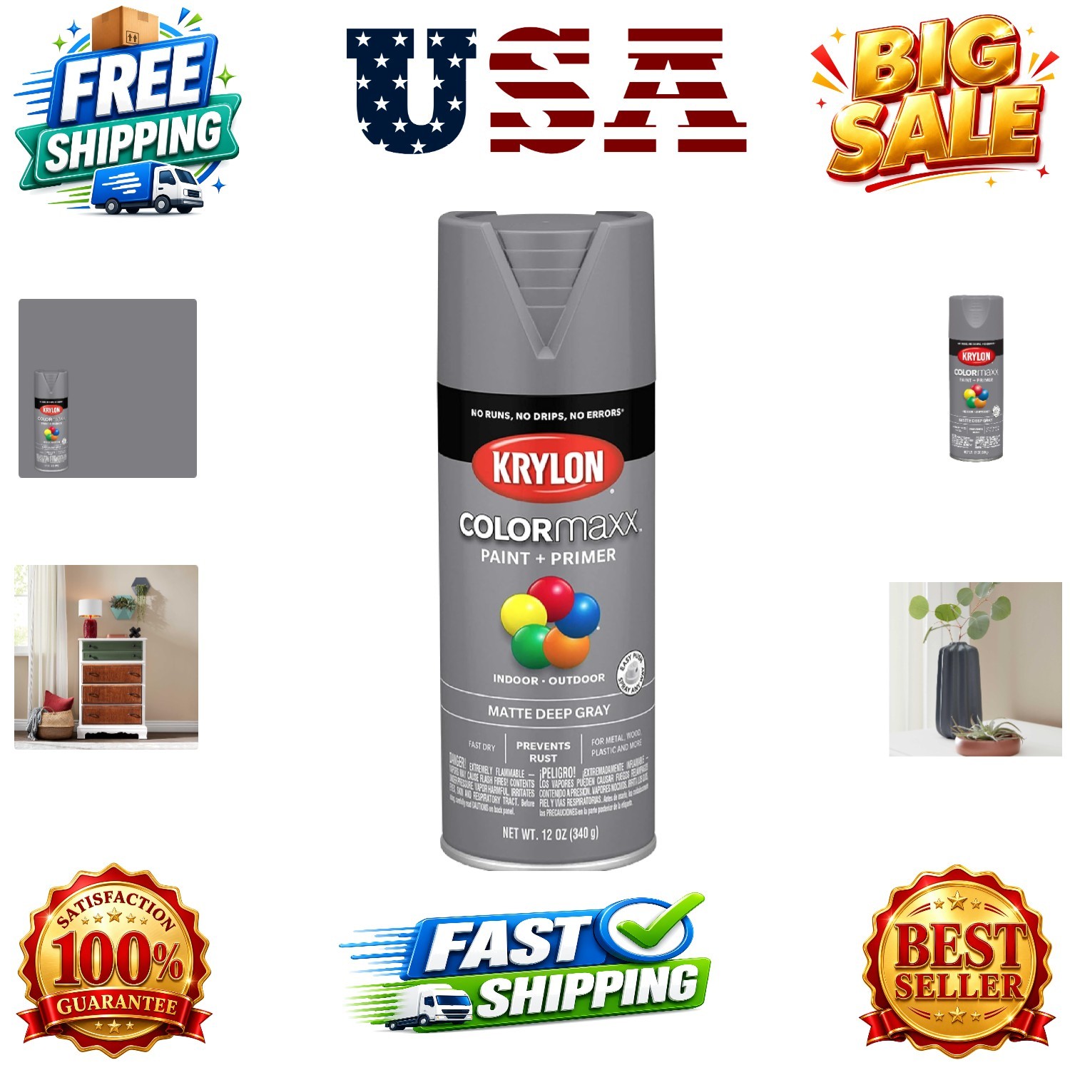 K0007 COLORmaxx Spray Paint and Primer for Indoor/Outdoor Use, Matte Deep Gra…