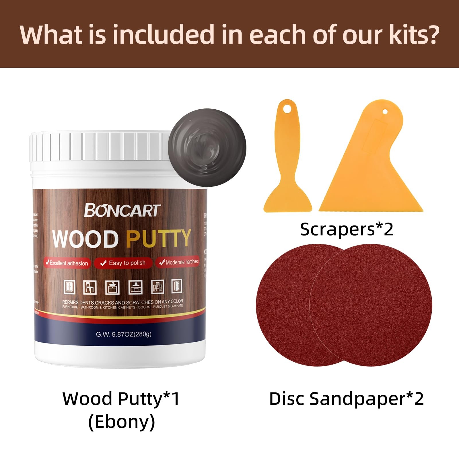 BONCART Wood Filler – Ebony, Paintable, Stainable, Sandable. Quickly Ebony