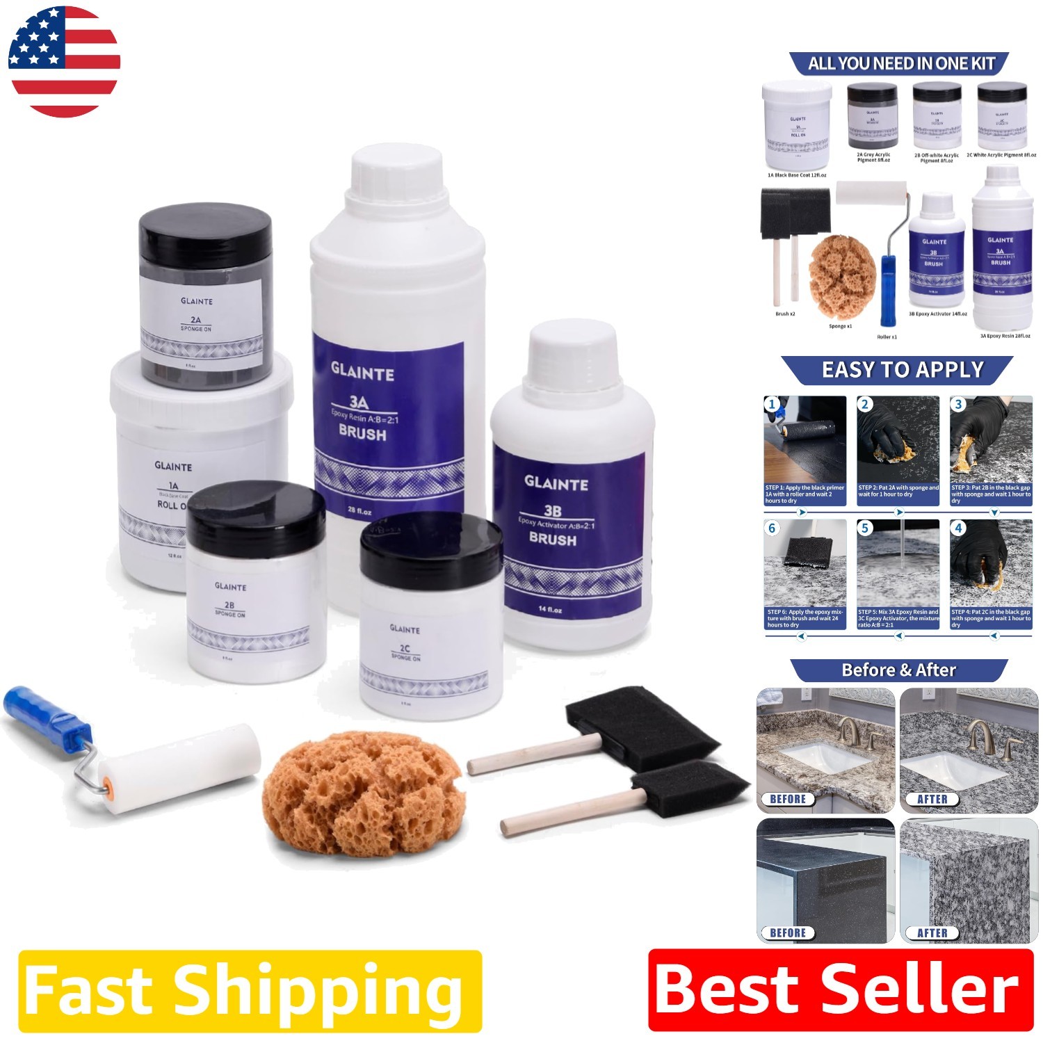 Epoxy Countertop Paint Kit – DIY Granite Refinishing, High-Gloss White, Low O…