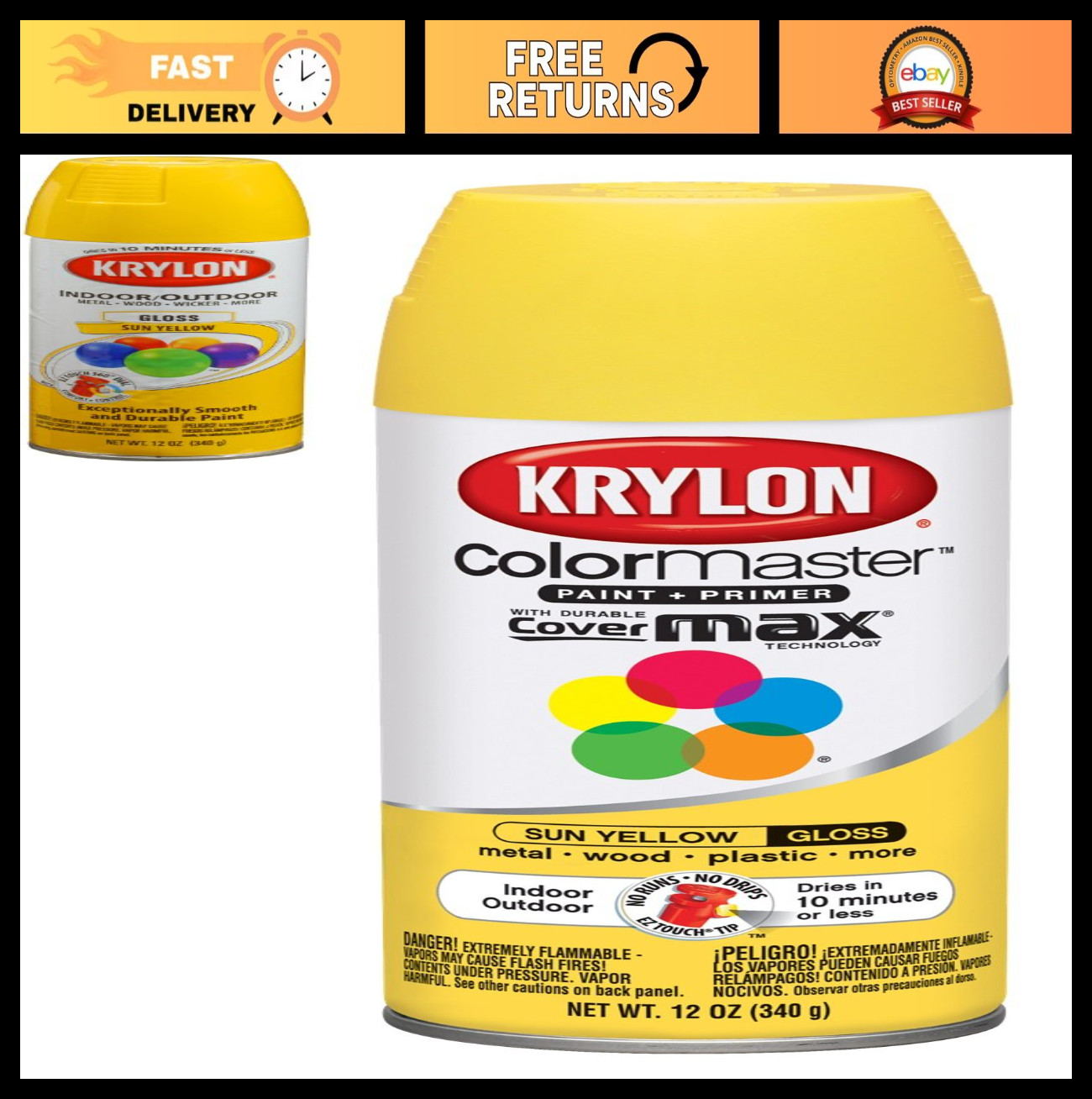 “Gloss Sun Yellow Spray Paint + Primer, 12 oz – Fast Drying, Durable Finish”