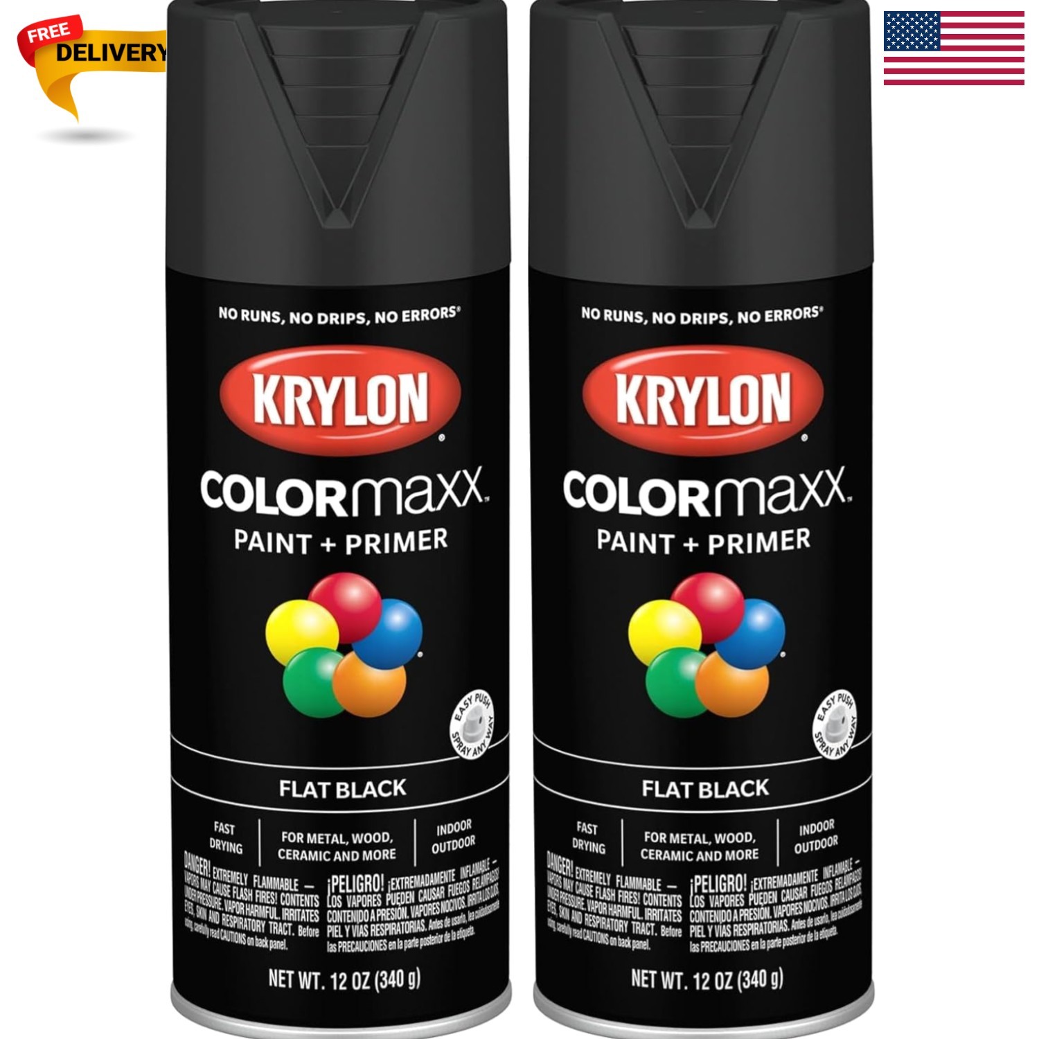 K0007 COLORmaxx Spray Paint and Primer for Indoor/Outdoor Use, Flat Black, 12…