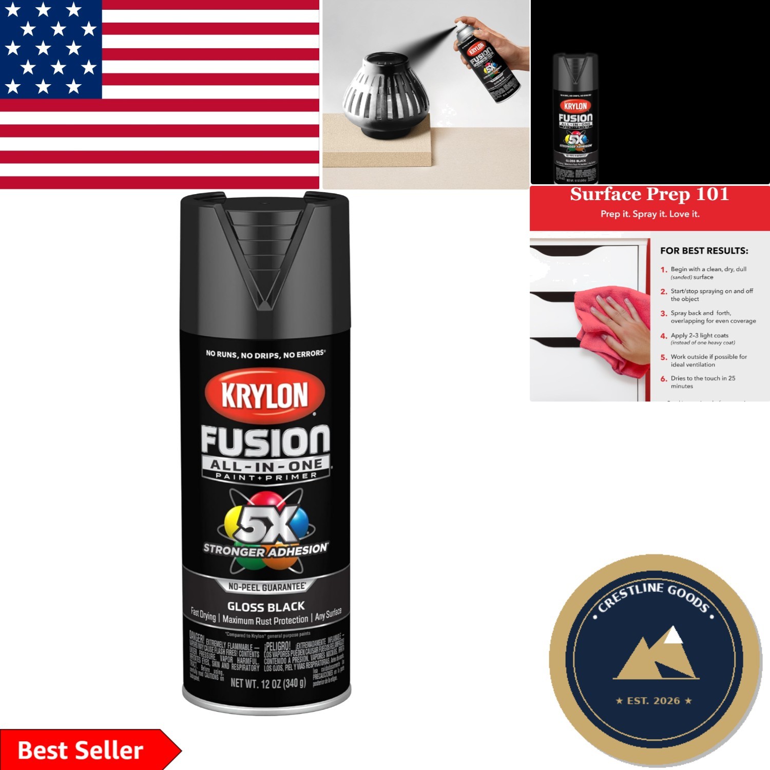 Fusion All-In-One Adhesive Spray Paint – Rust Resistant, 12 oz Gloss Black