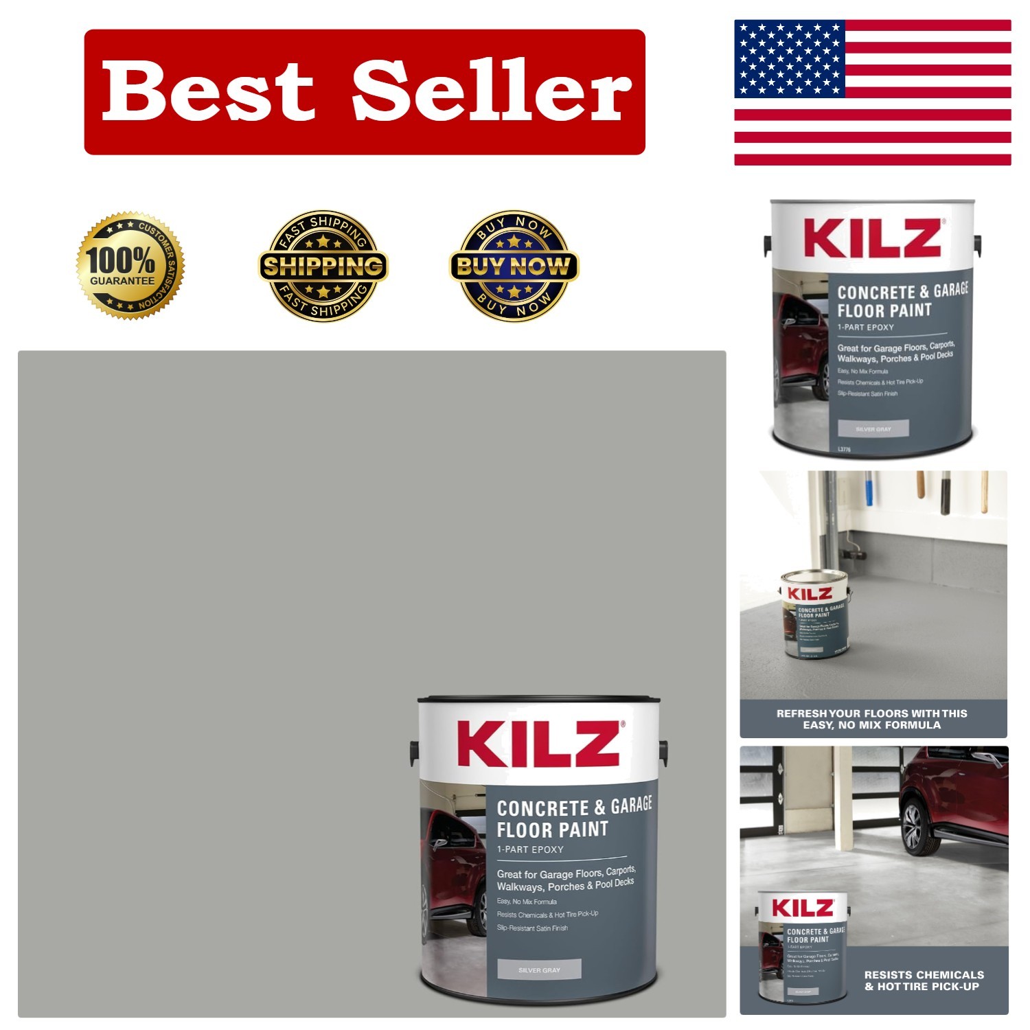 1-Part Epoxy Acrylic Concrete Floor Paint in Satin Silver Gray, 1 Gallon