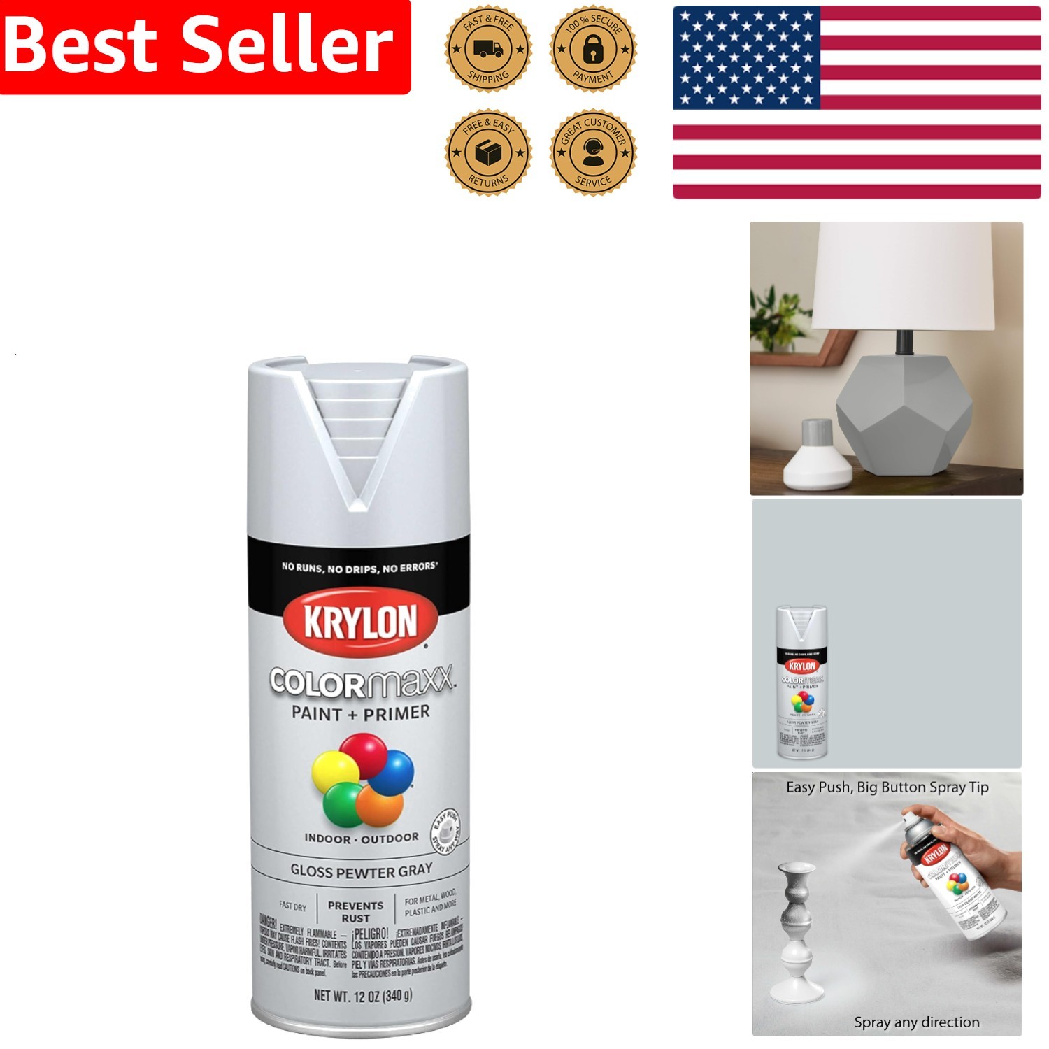Durable Gloss Pewter Gray Spray Paint Primer Krylon COLORmaxx 12 Oz Fast Drying