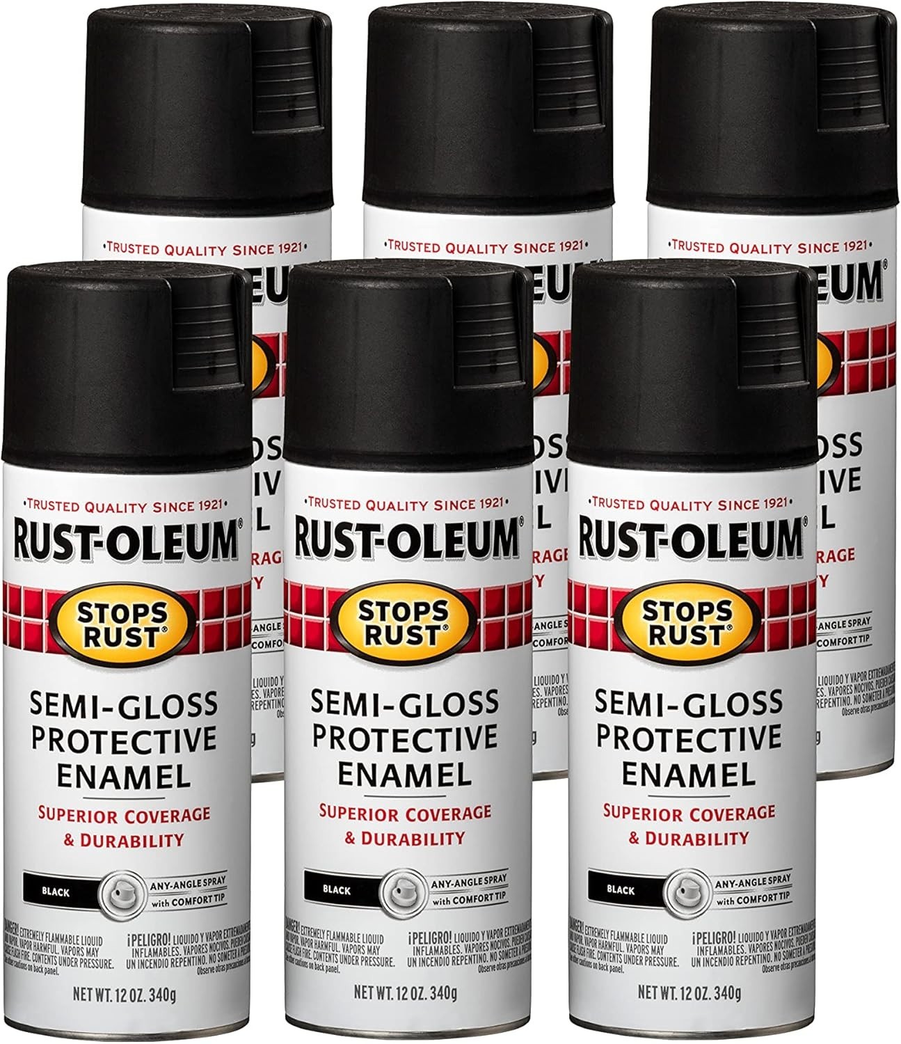 Rust-Oleum 7798830-6PK Stops Rust Spray Paint, 12 oz, Semi-Gloss Black, 6 Pack