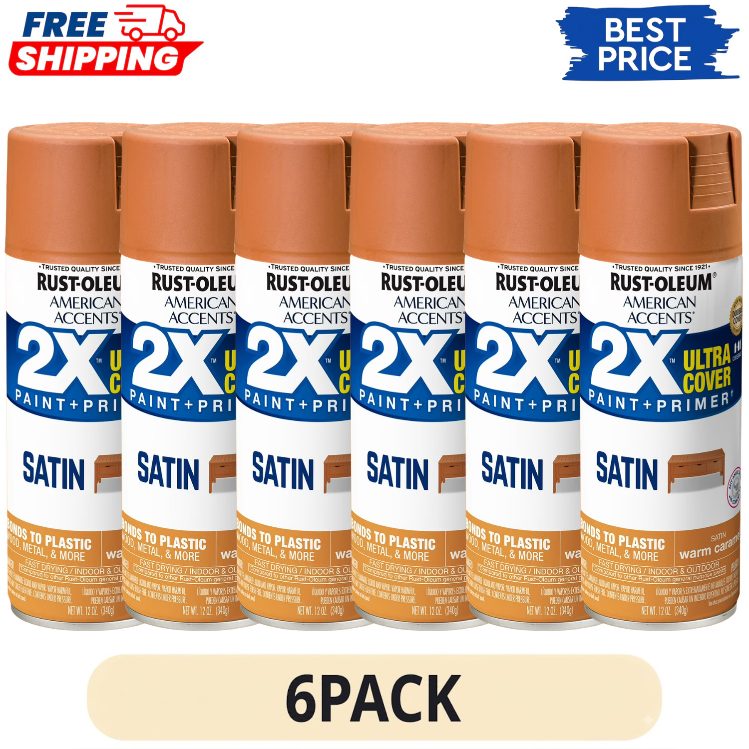6 Pack Rust-Oleum American Accents 2X Ultra Cover Satin Spray Paint Warm Caramel