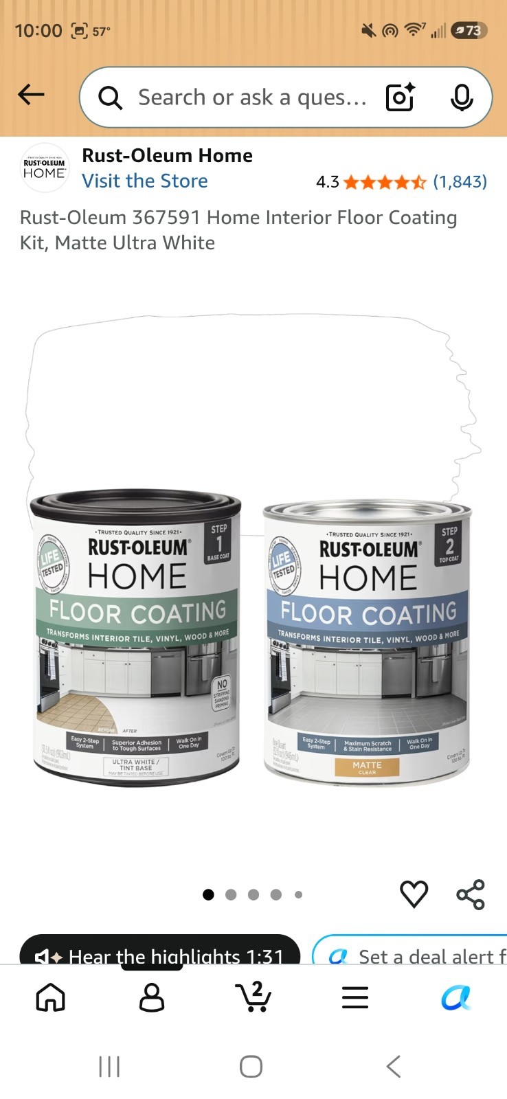Rustoleum Home Interior Floor Coating Kit – Matte Ultra White