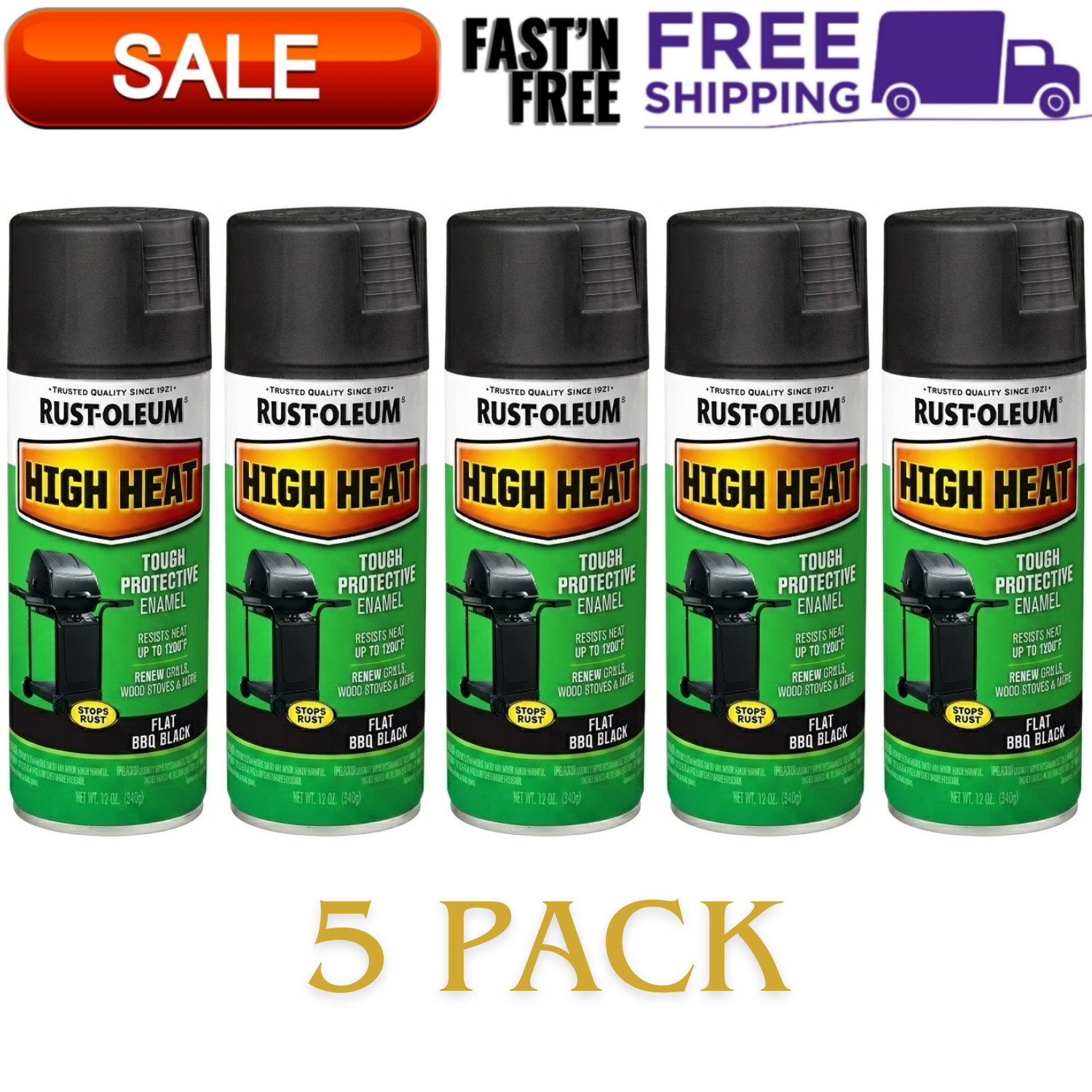 Rust-oleum High Heat Bar-B-Que Black Flat Spray Paint, 7778830, 12 Oz (5 Pack)