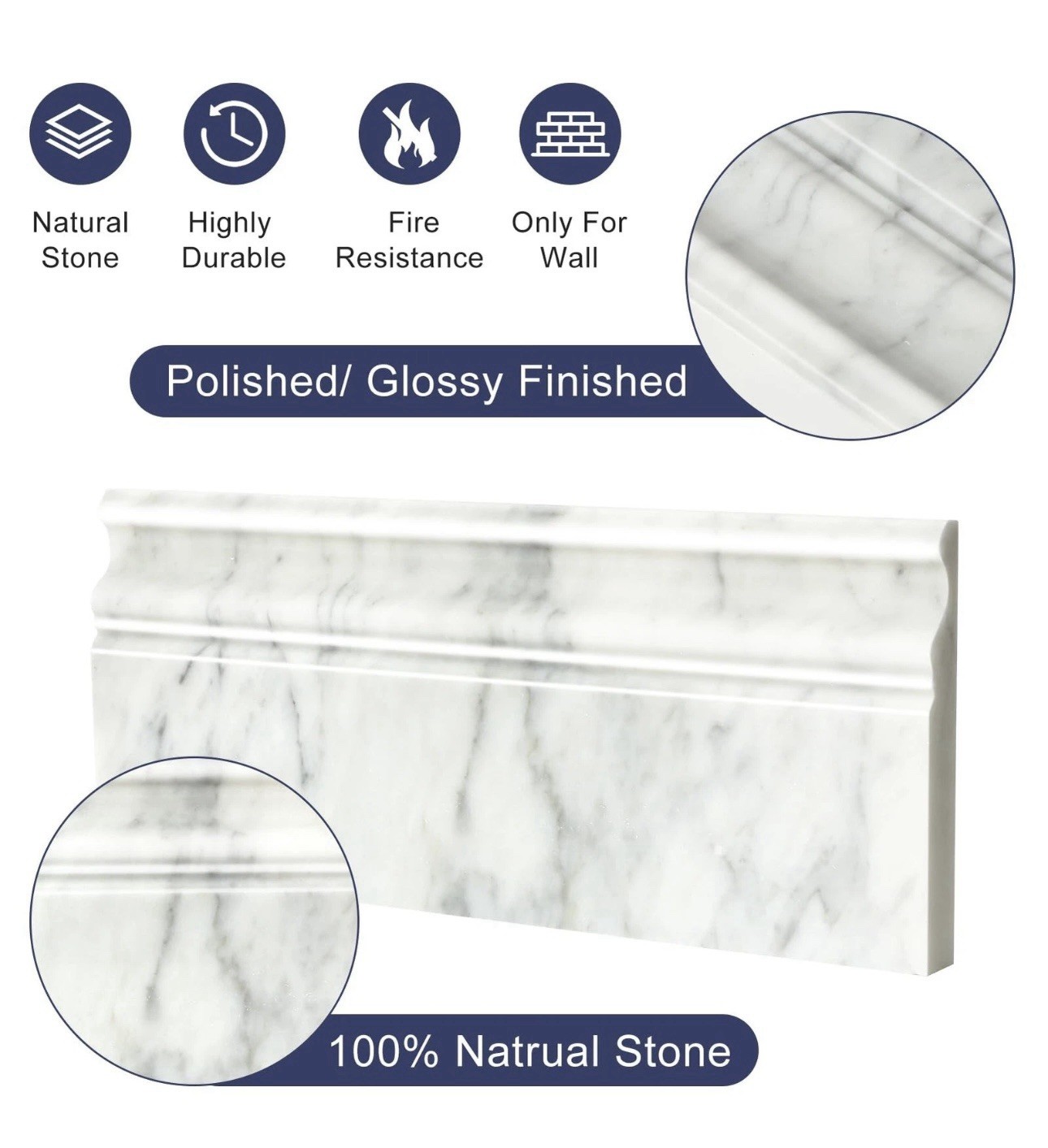 4 Pack Carrara White Marble Baseboard Trim Molding 5 x12” Polished Wall Base…