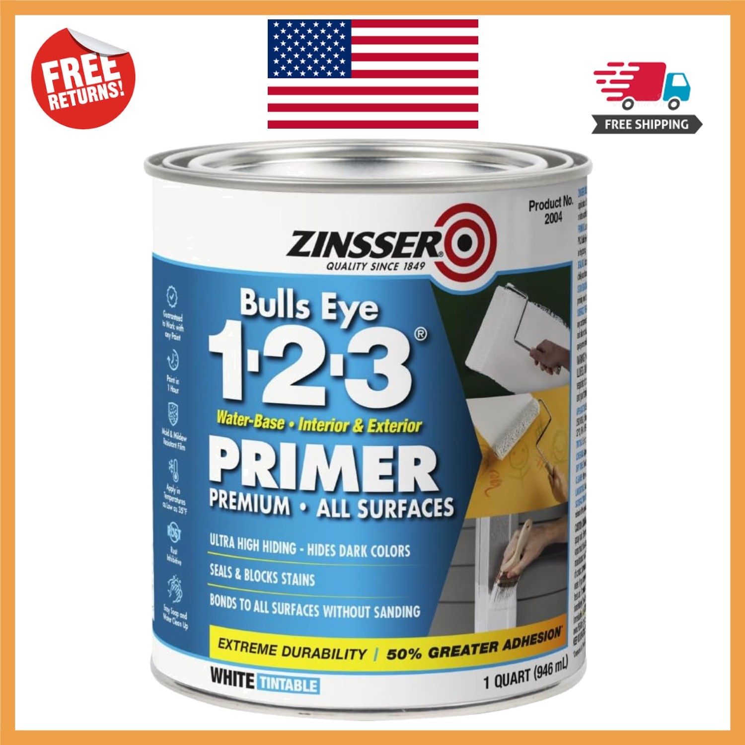 1 Quart Bulls Eye 1-2-3 Primer – Quick Drying White Sealer for Interior/Exterior
