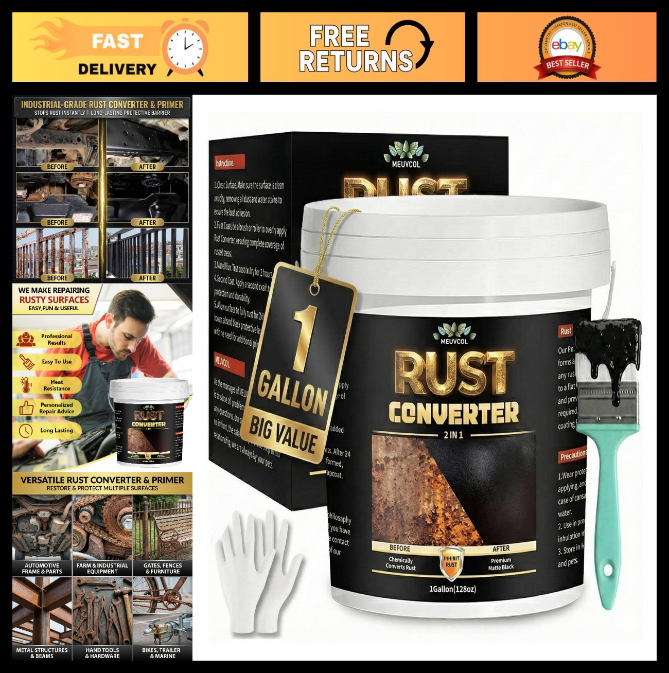 2-in-1 Rust Converter & Metal Primer – 1 Gallon Black Anti-Rust Paint, Heat Resi