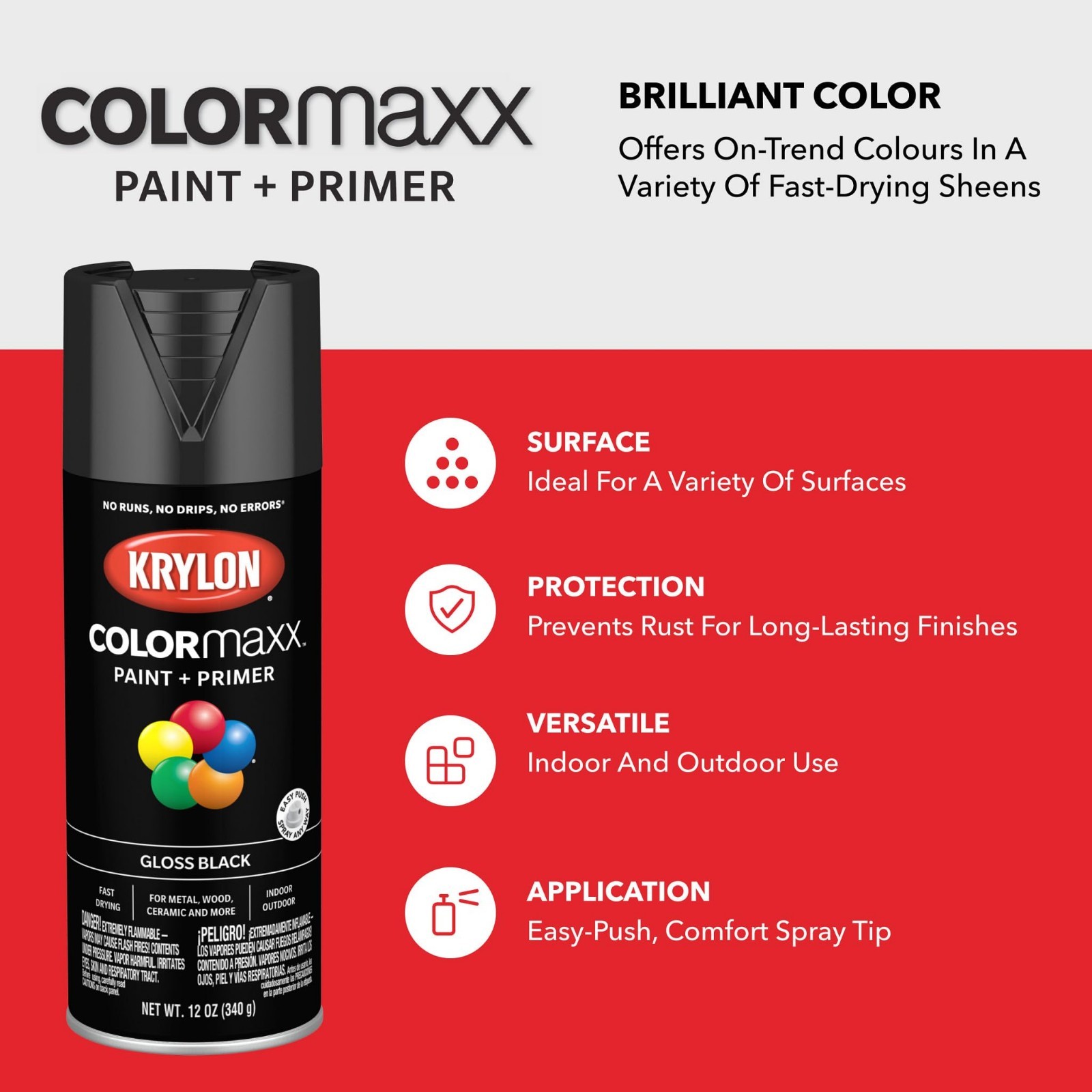 Gloss Dover White Spray Paint & Primer, 12oz Indoor/Outdoor Use, Fast Drying Fin