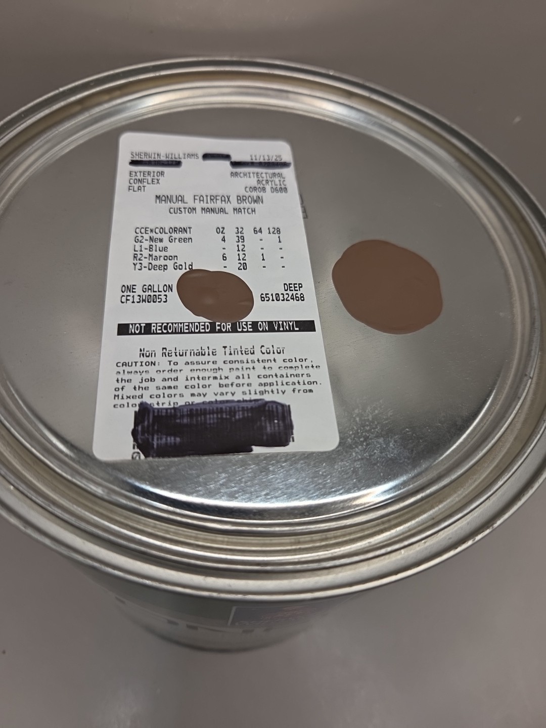 1 Gallon Sherwin Williams Conflex Color Fairfax Brown Acrylic Coating
