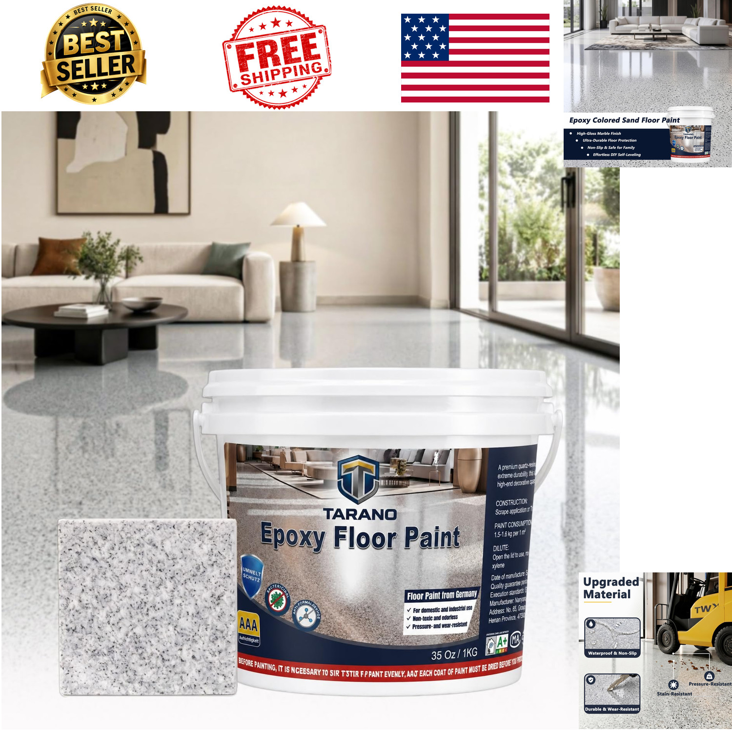 Epoxy Colored Sand Floor Paint Self-Leveling Concrete Non-Slip Garage Patio 35oz