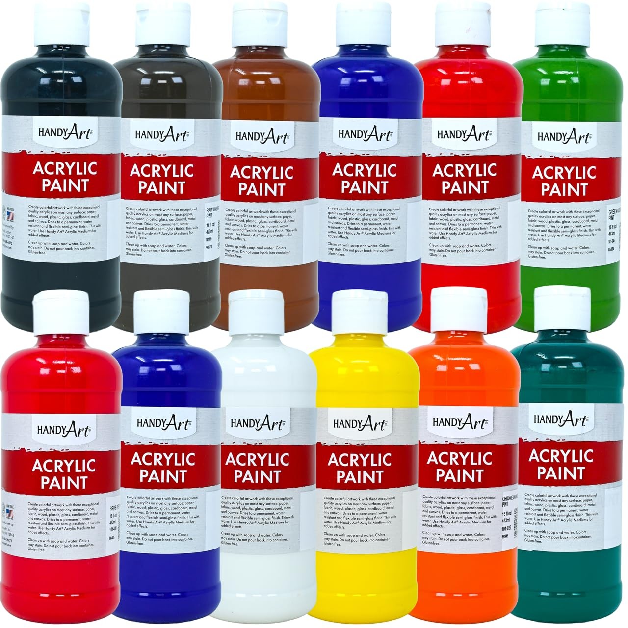 Acrylic Paint, Set of 12 Colors, 16 oz Bottles, Semi-Gloss