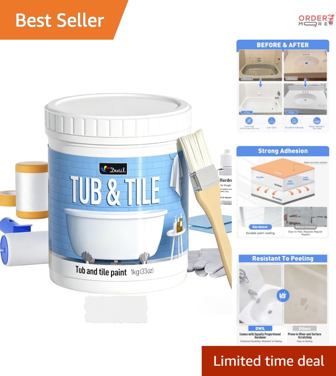 Tub & Tile Refinishing Kit 33oz Acrylic Water-Based Low Odor Easy to Use