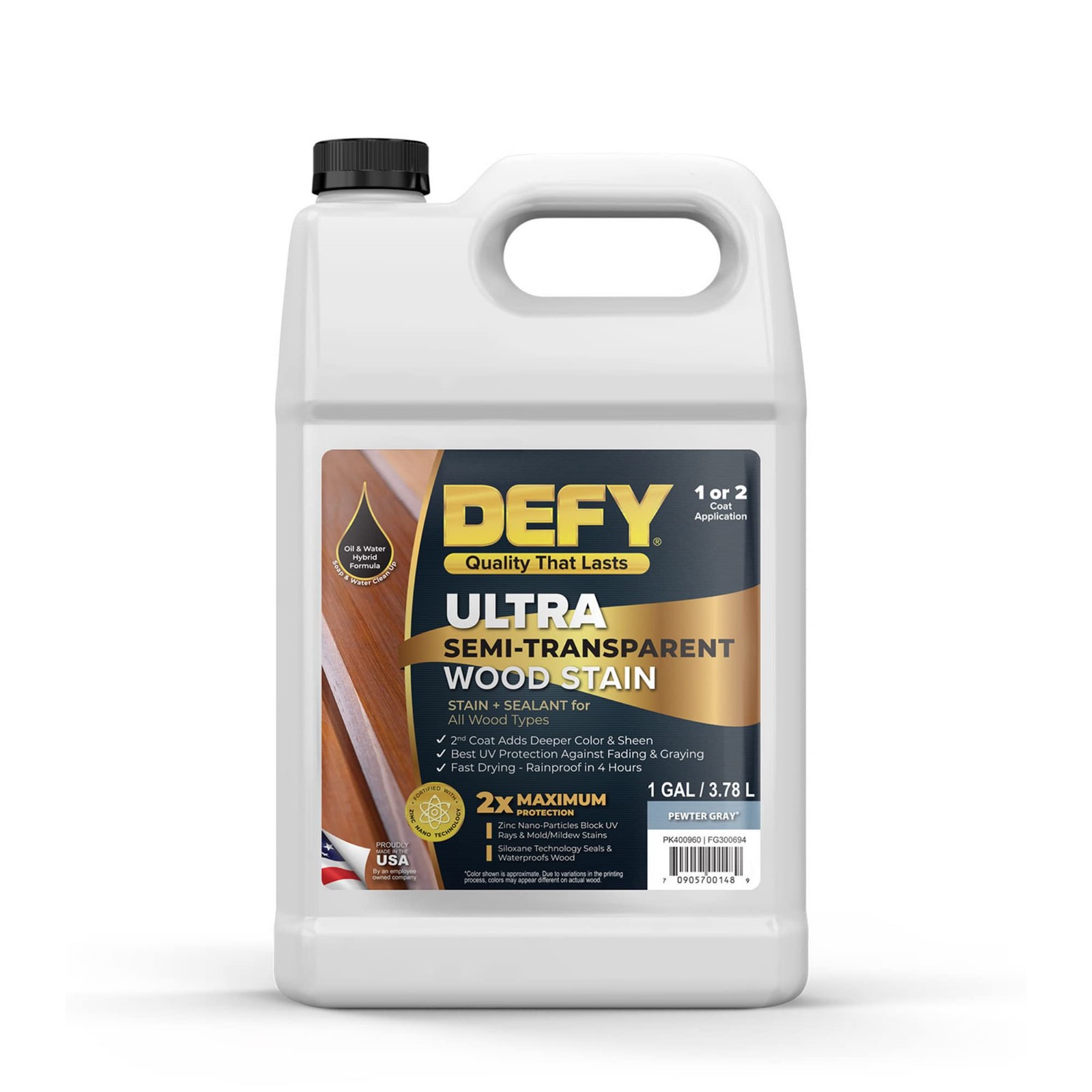 DEFY Ultra Semi Transparent Exterior Wood Stain – Stain & Sealer, 1 Gallon (Pewt