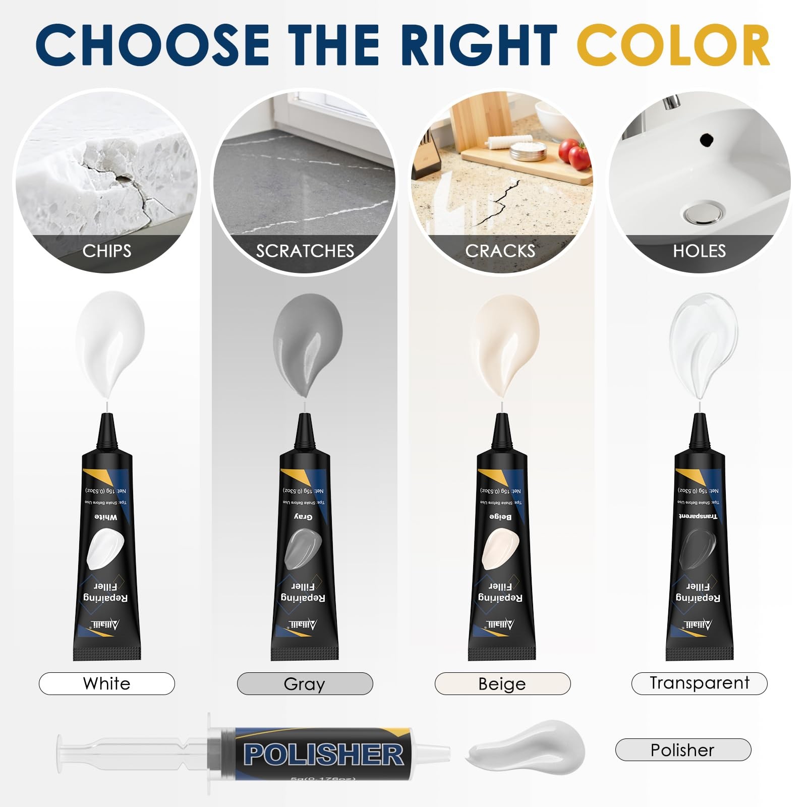 Quartz Countertop Repair Kit for Chips, Cracks, Scratches on Marble Granite