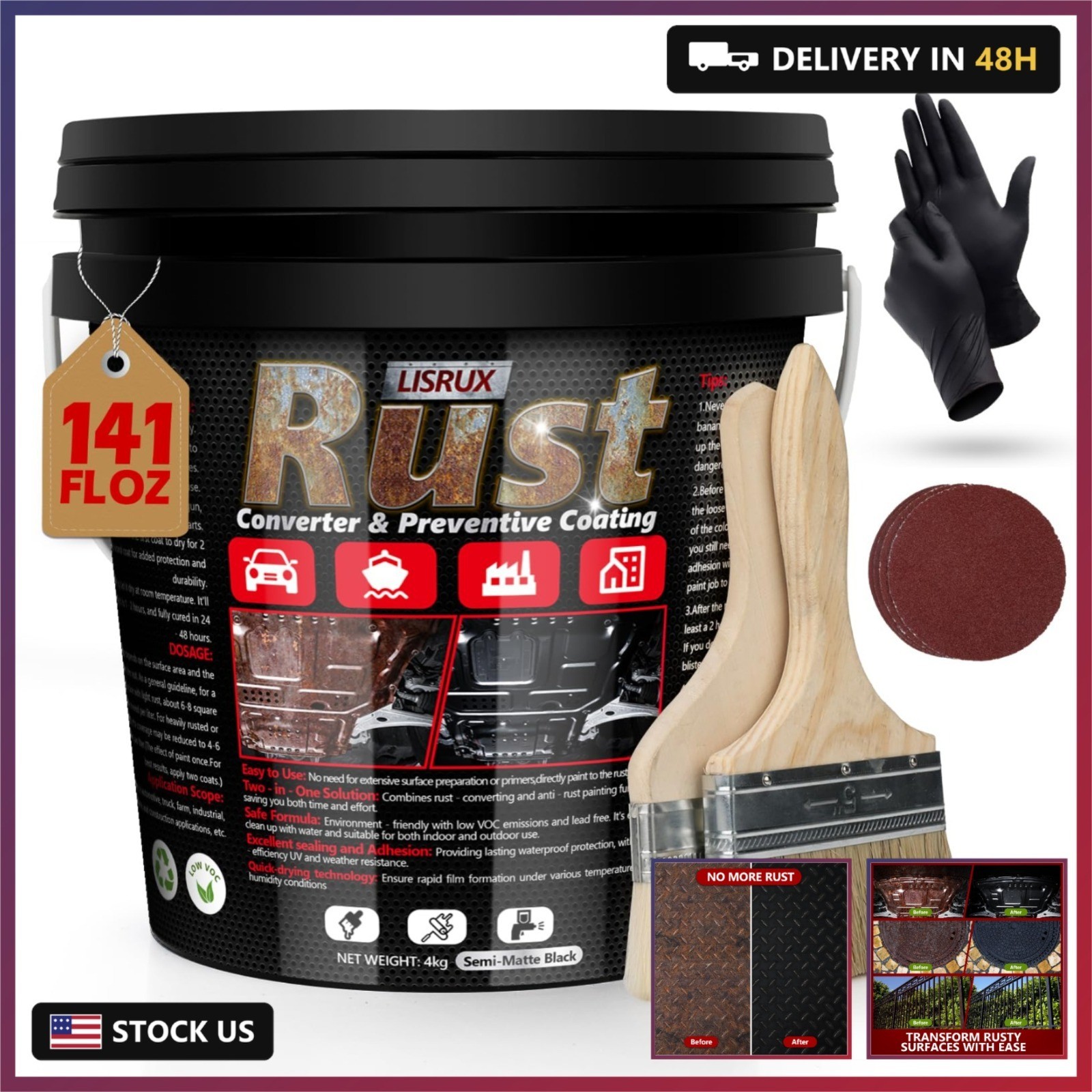 Rust Converter & Metal Primer, 141 Fl Oz Black Rust Inhibitor Paint for Metal, A